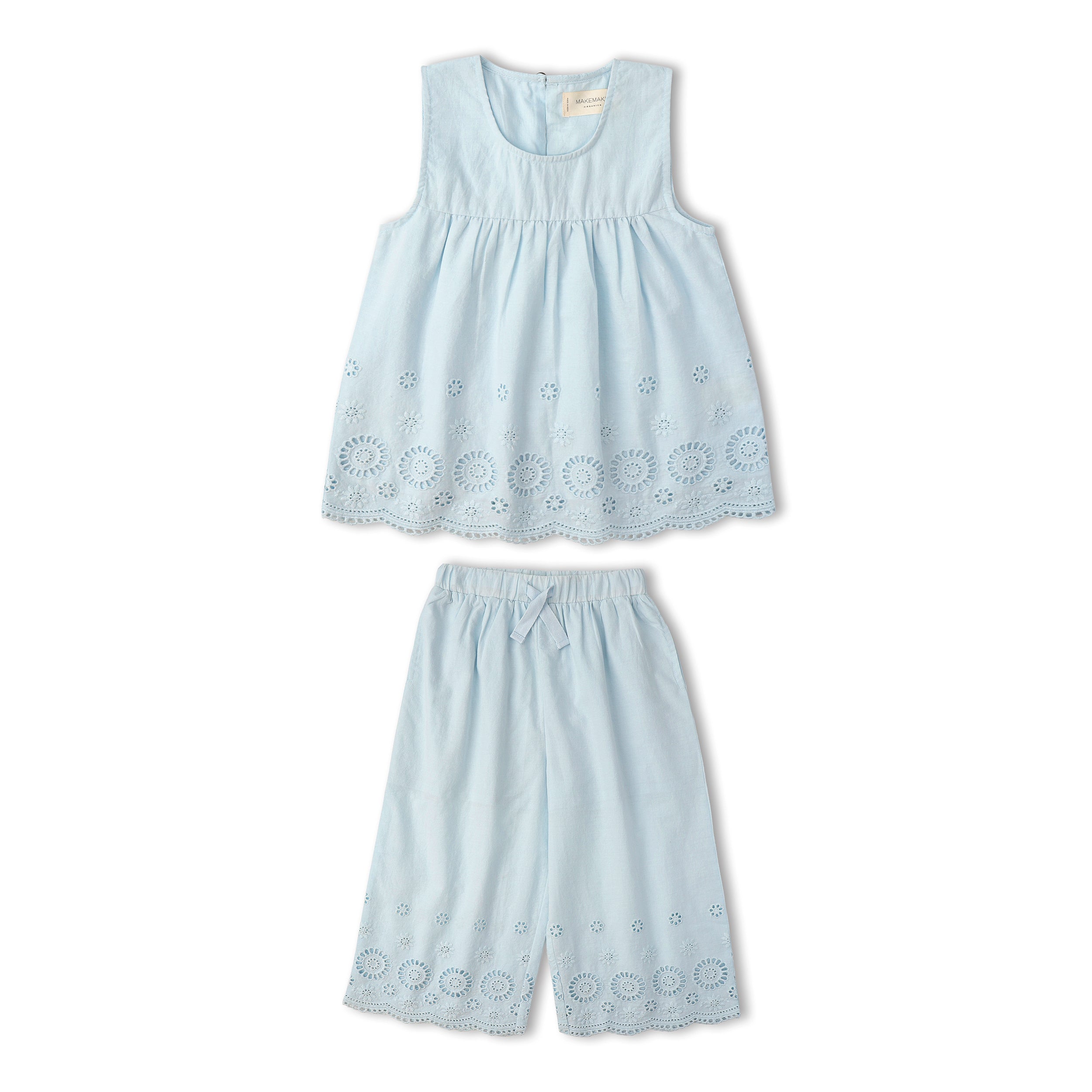 Makemake Organics - Organic Eyelet Top And Pant Set - Light Blue Eyelet