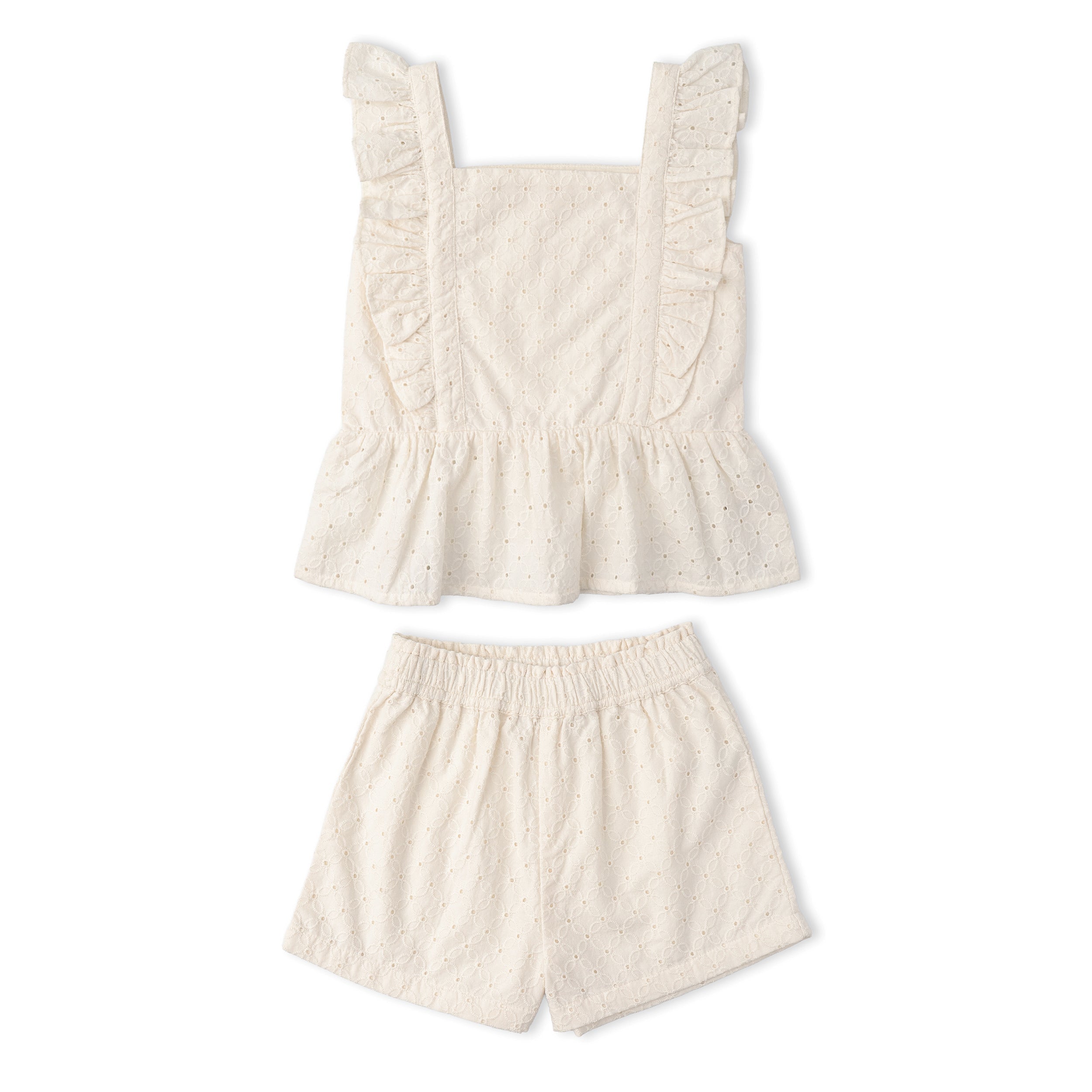 Makemake Organics - Organic Eyelet Flutter Top And Shorts Set - Ivory Eyelet