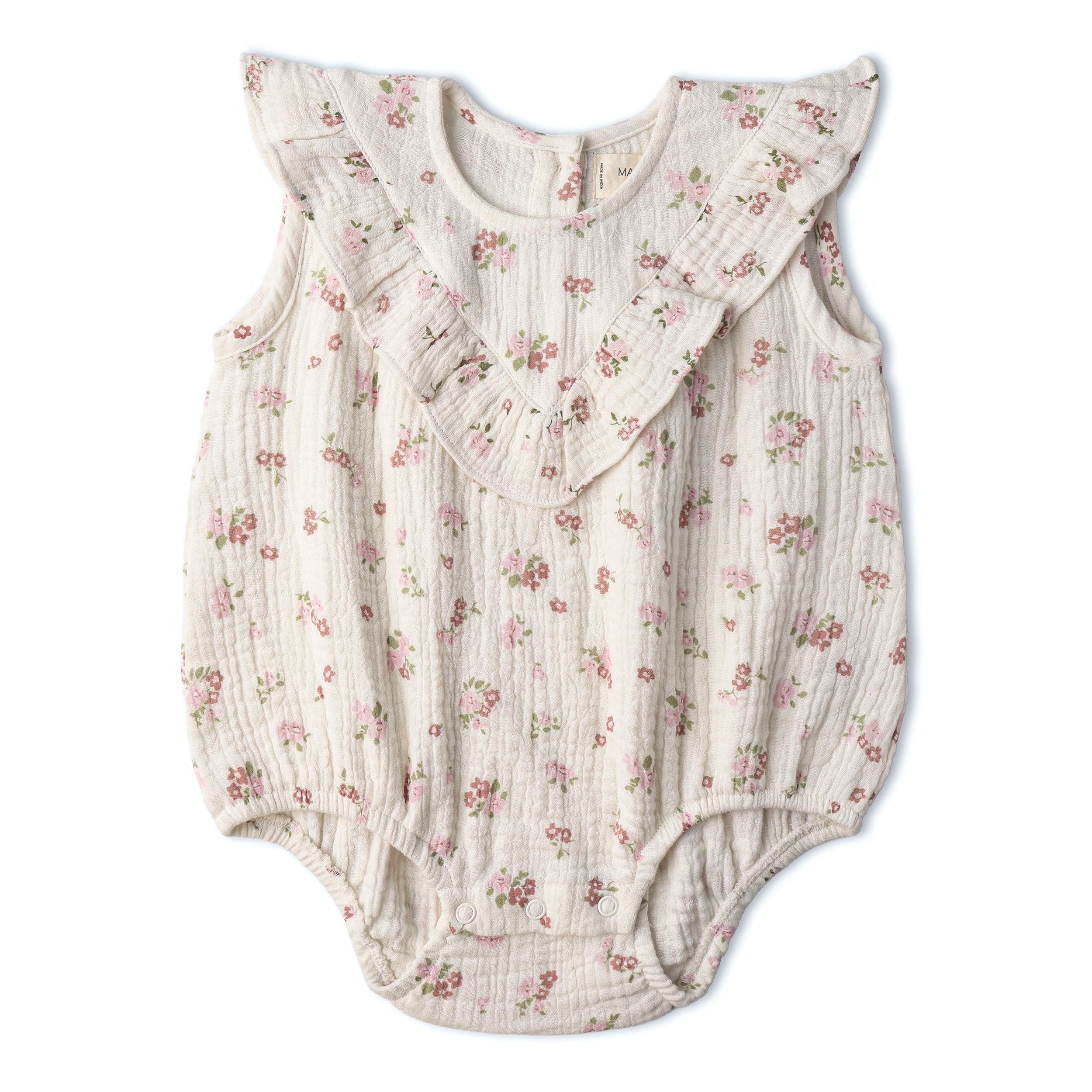 Makemake Organics - Organic Sleeveless Ruffle Bubble Romper - Blush Floral