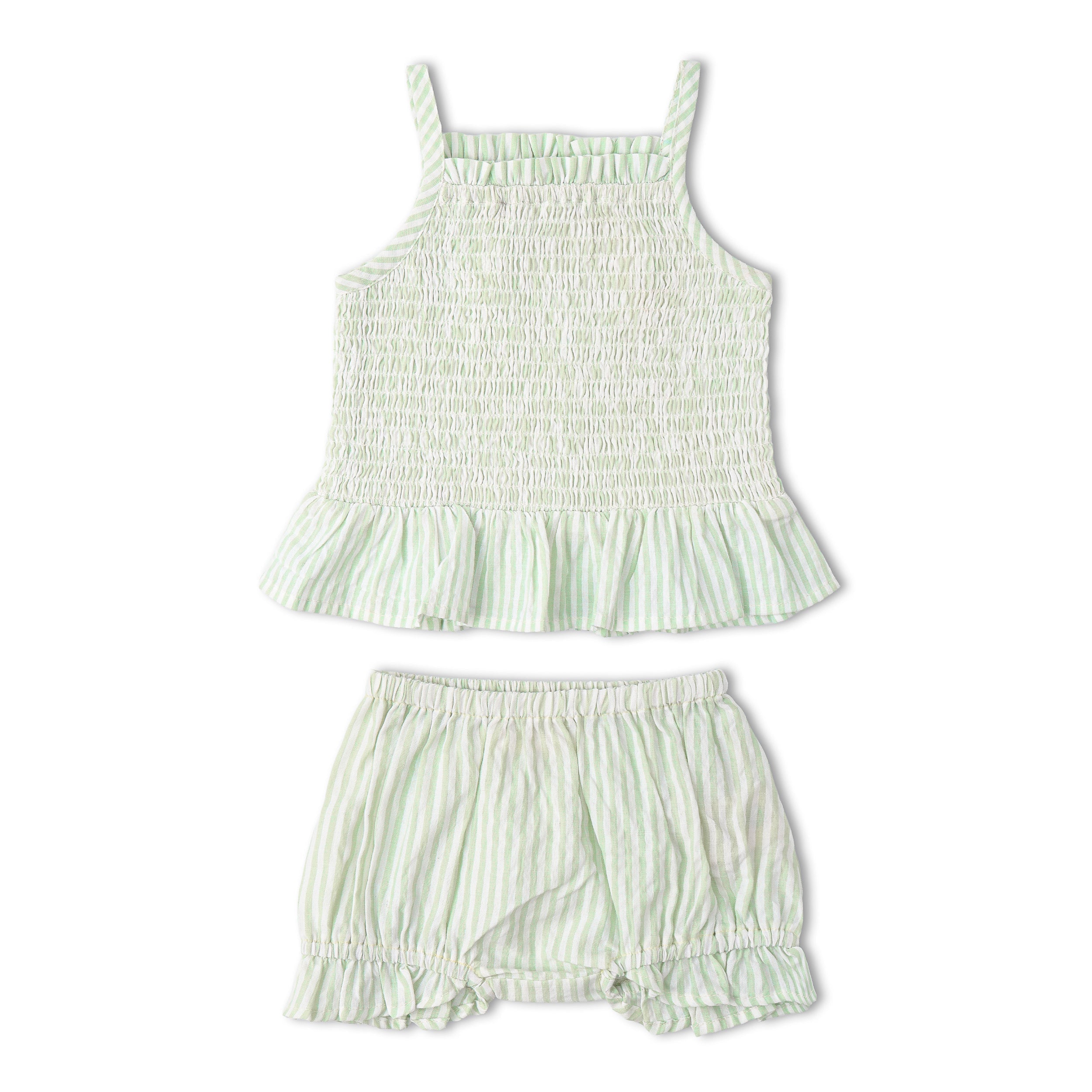 Makemake Organics - Organic Smocked Top And Bloomer Set - Basil Stripes