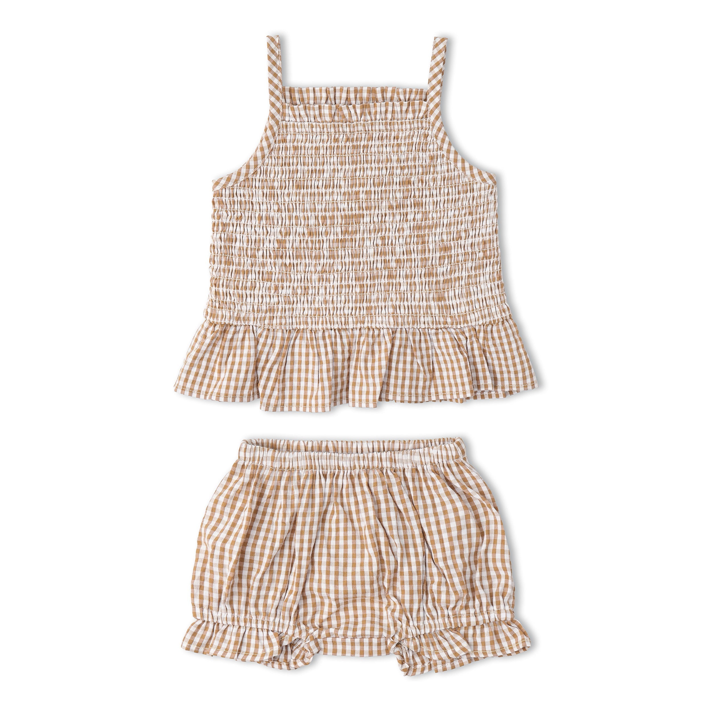 Makemake Organics - Organic Smocked Top And Bloomer Set - Caramel Check
