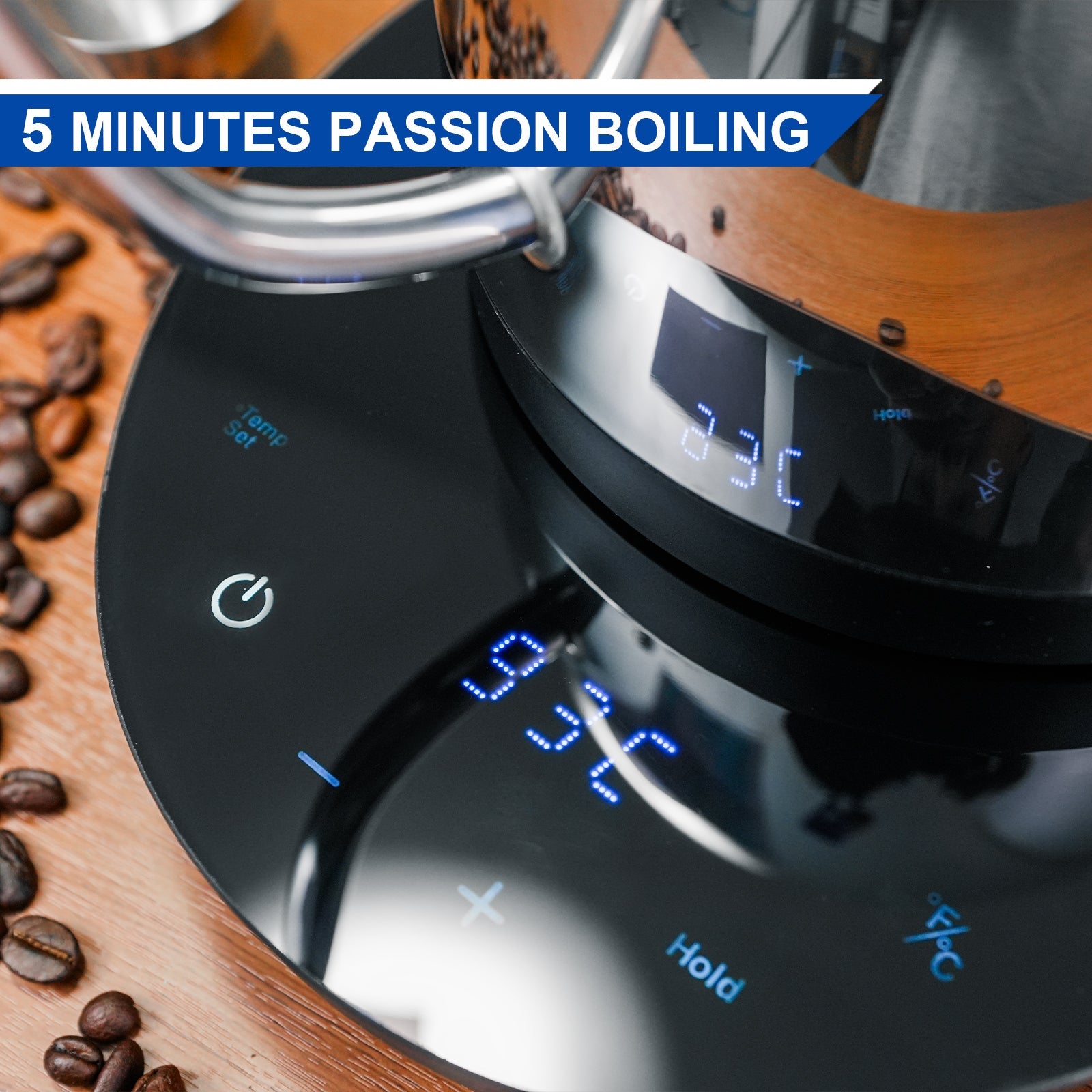 Coffee maker with digital display on a wooden surface with coffee beans, featuring text '5 Minutes Passion Boiling'.