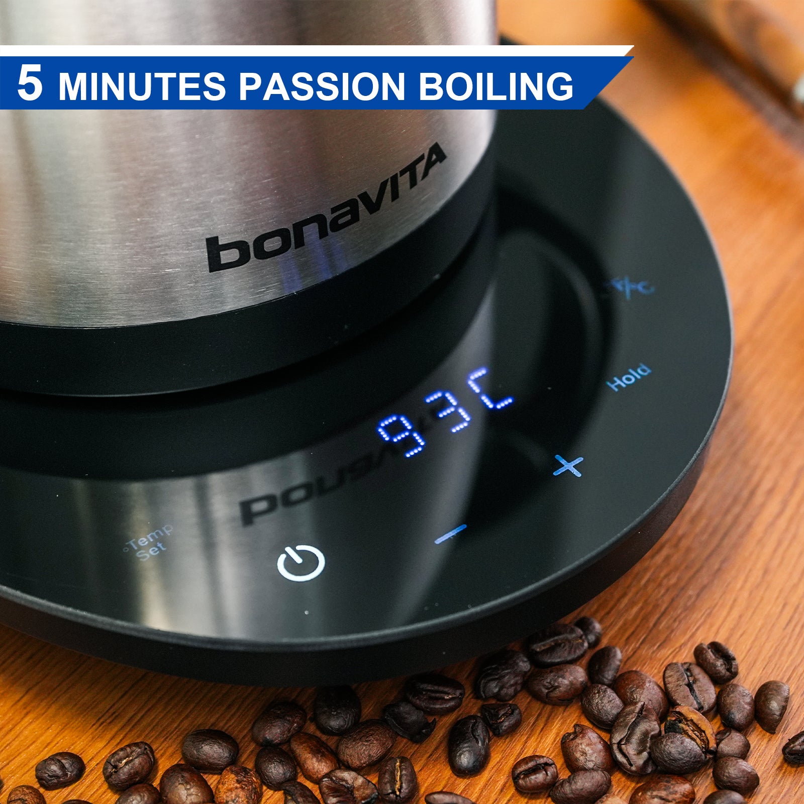 Bonavita coffee maker with digital display on a wooden surface with coffee beans.