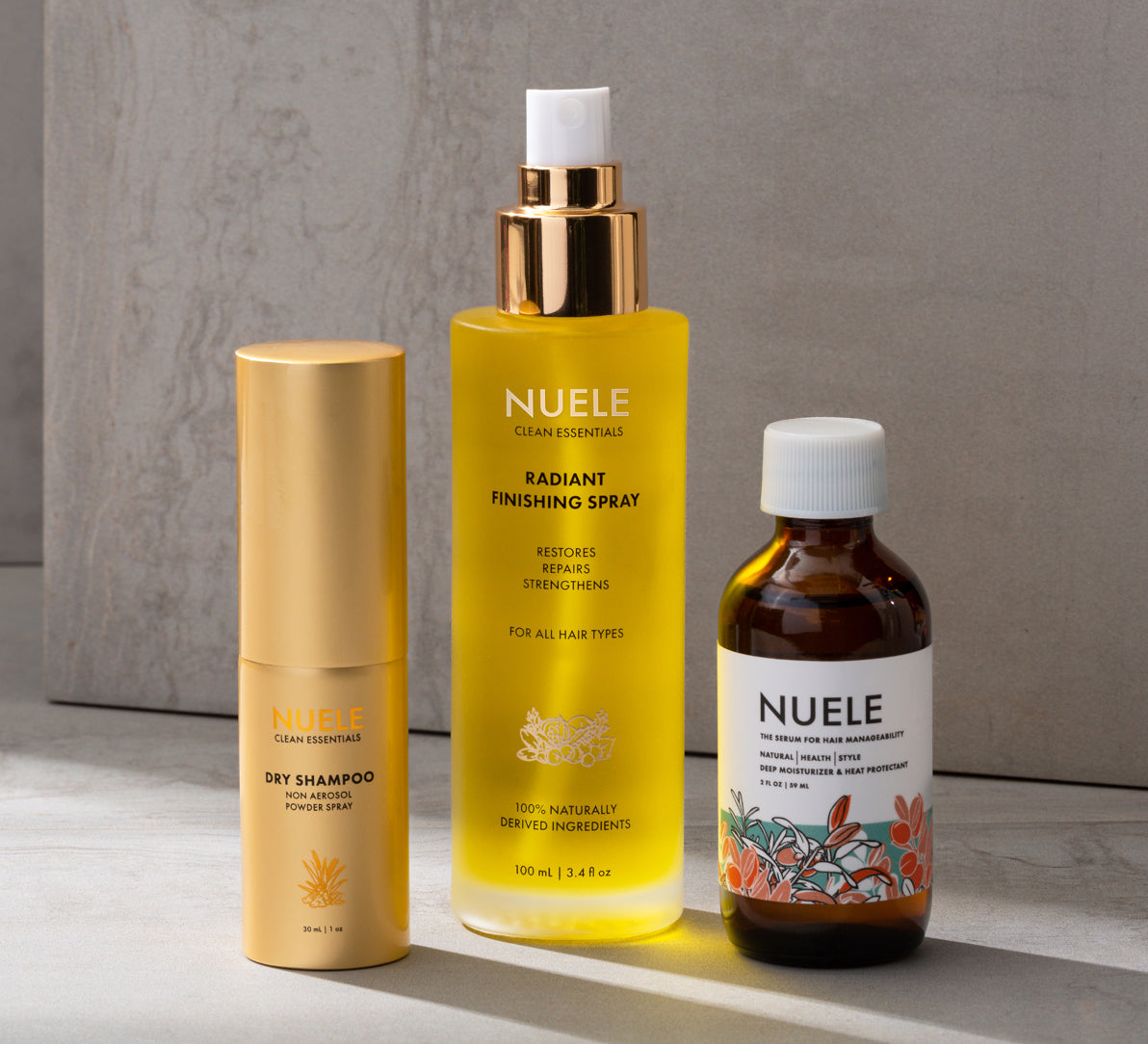 Nuele Dry Shampoo, Radiant Finishing Spray, Hair Serum