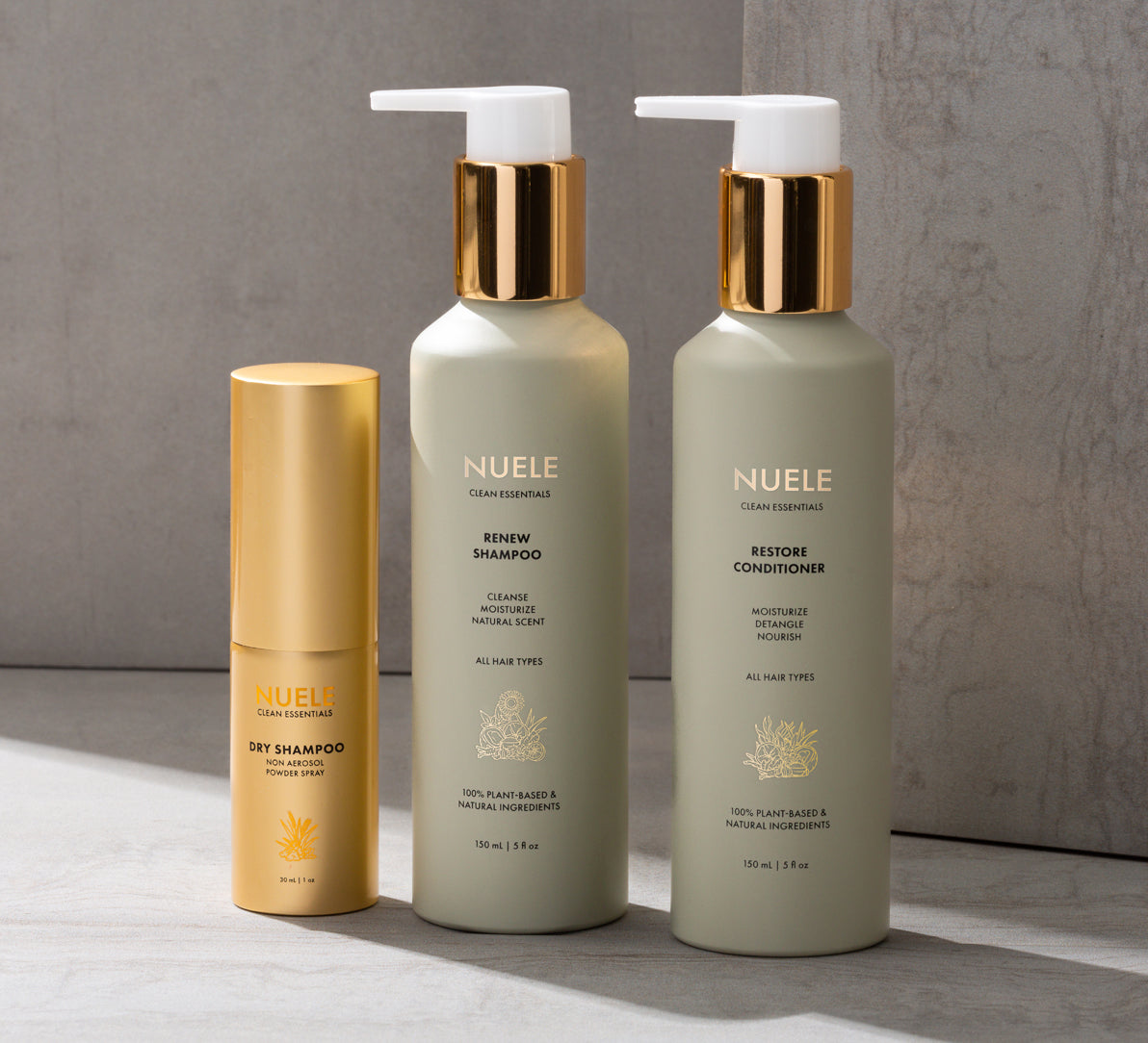 Nuele Renew Shampoo, Restore Conditioner, Dry Shampoo