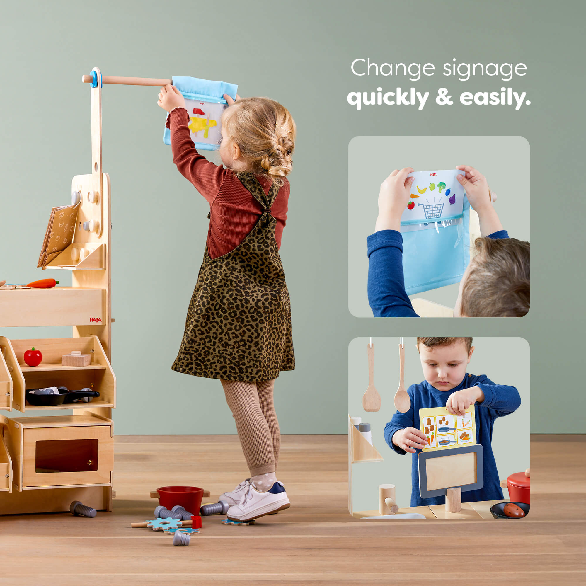 Child interacting with a educational toy setup, with inset images showing sign changes.
