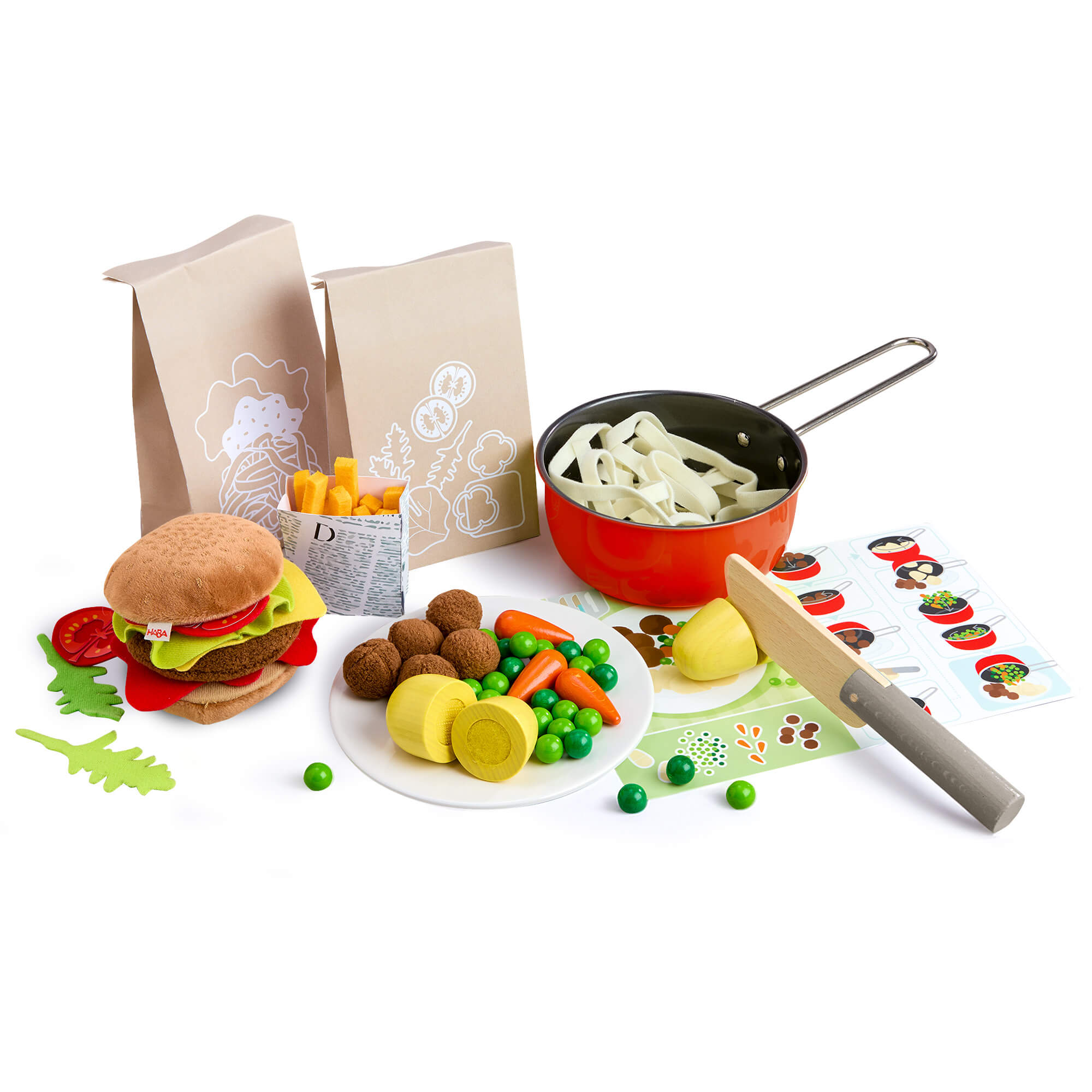Play food set with hamburger, fries, pan with food, and cutlery on a white background