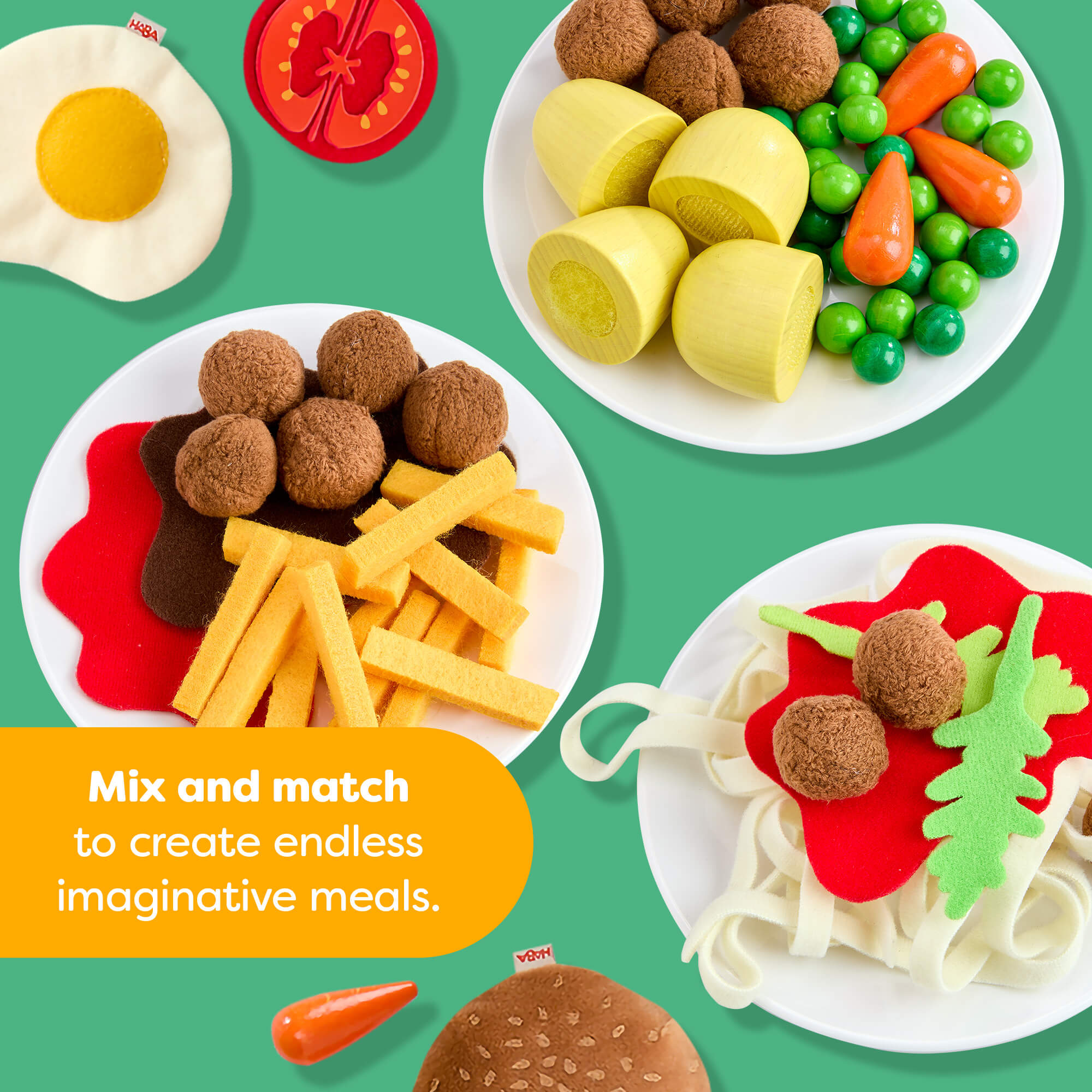 Play food set with various food items on a green background, featuring text 'Mix and match to create endless imaginative meals.'.