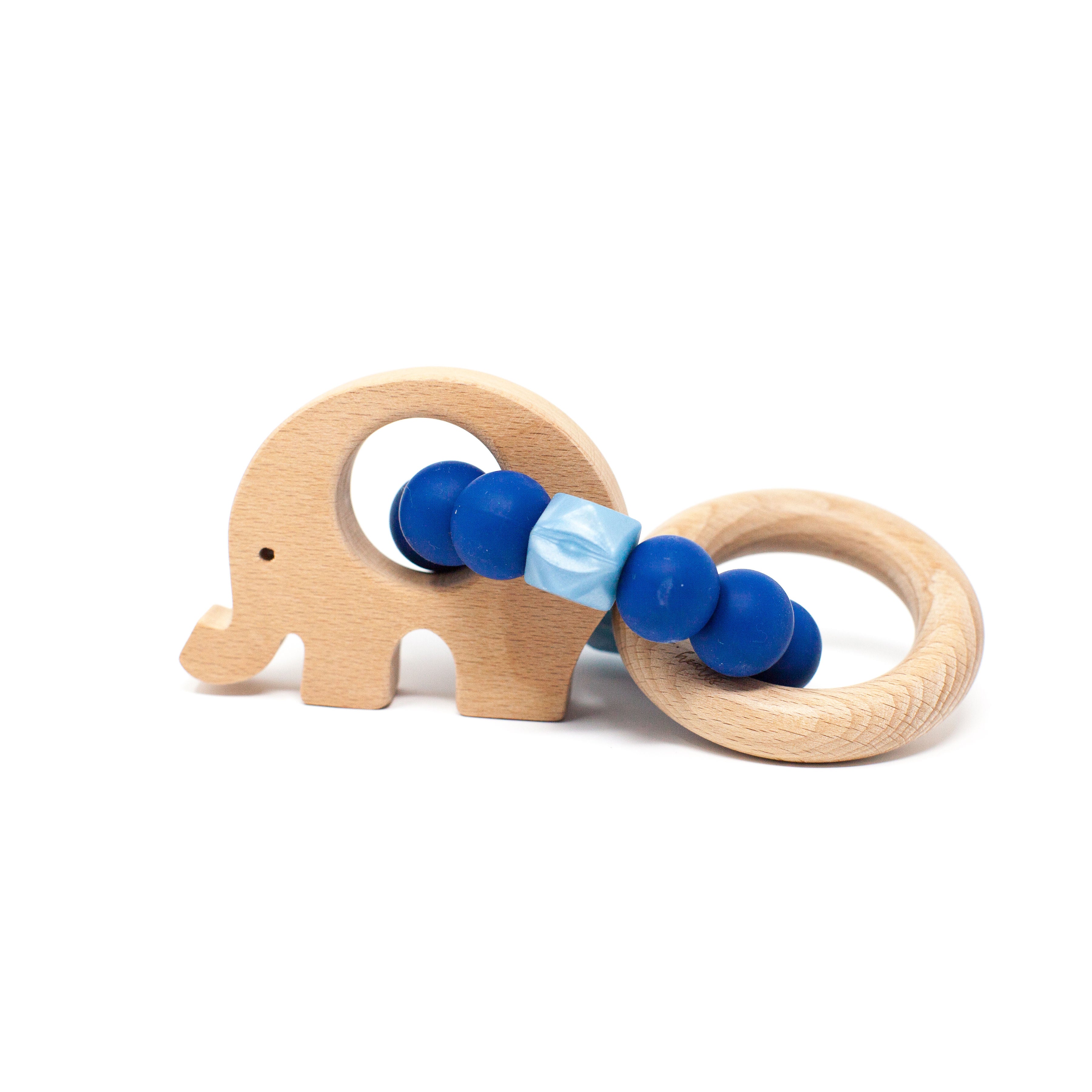 Wooden elephant-shaped teething ring with blue beads on a white background