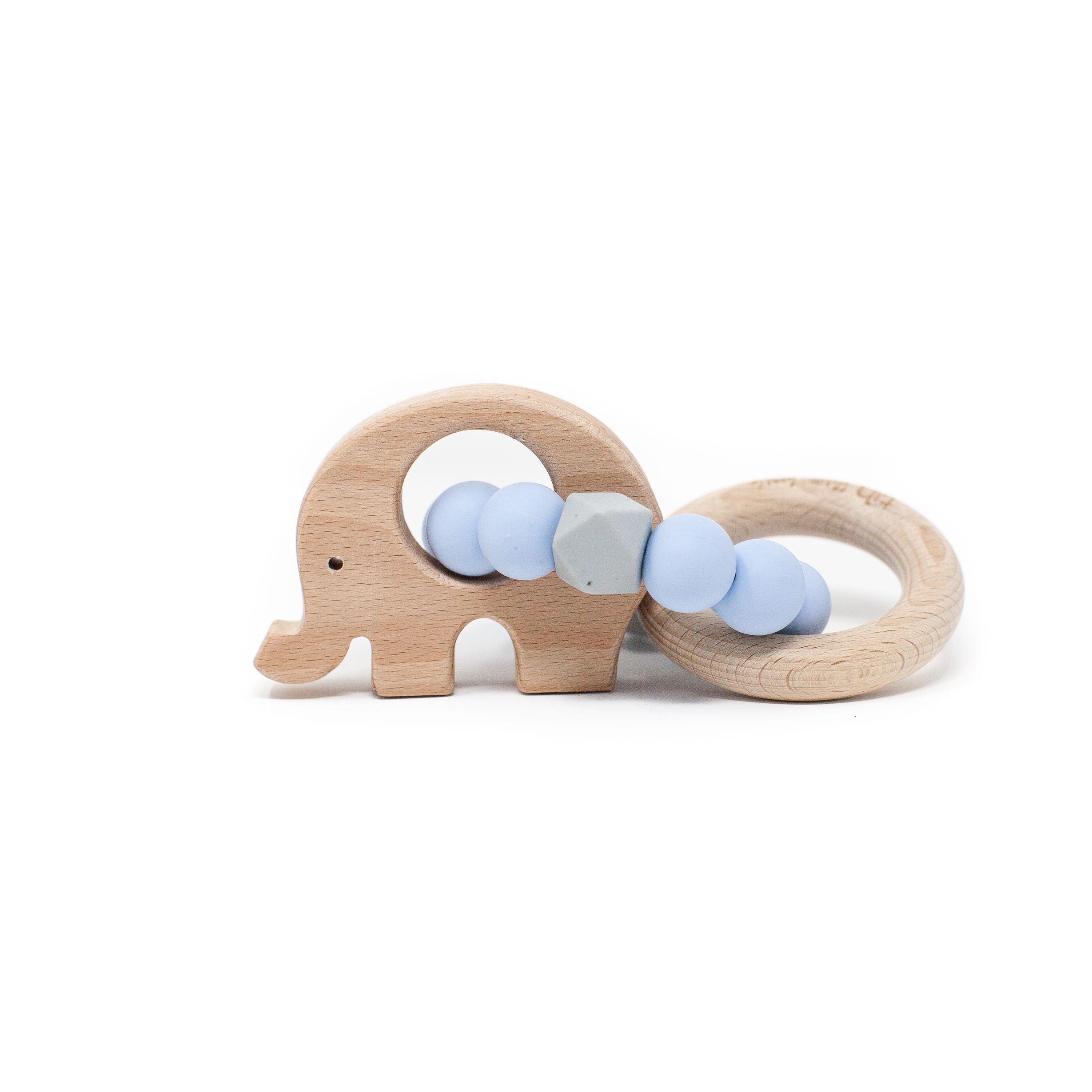 Wooden elephant-shaped teething ring with blue beads on a white background