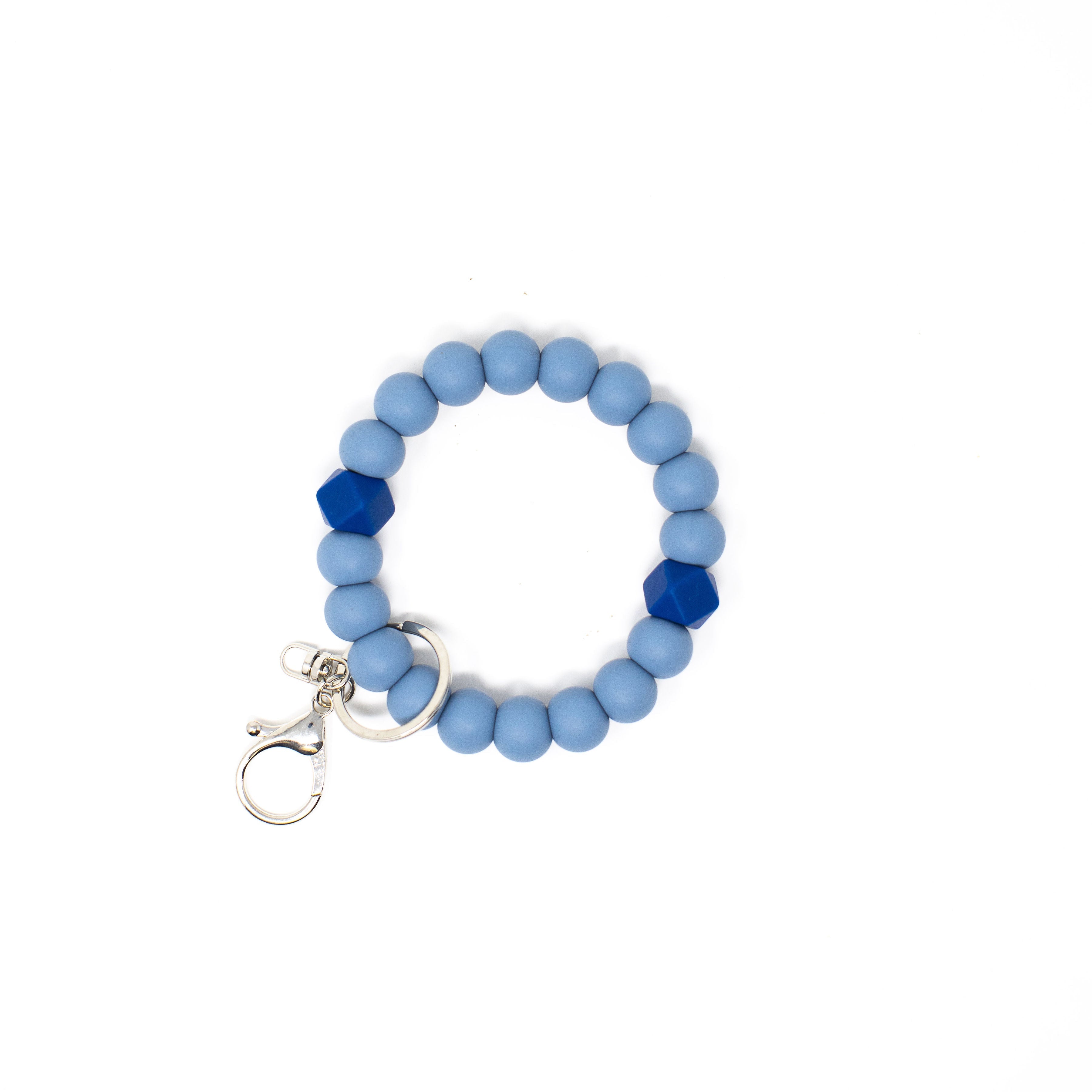 Blue beaded bracelet with a keychain on a white background