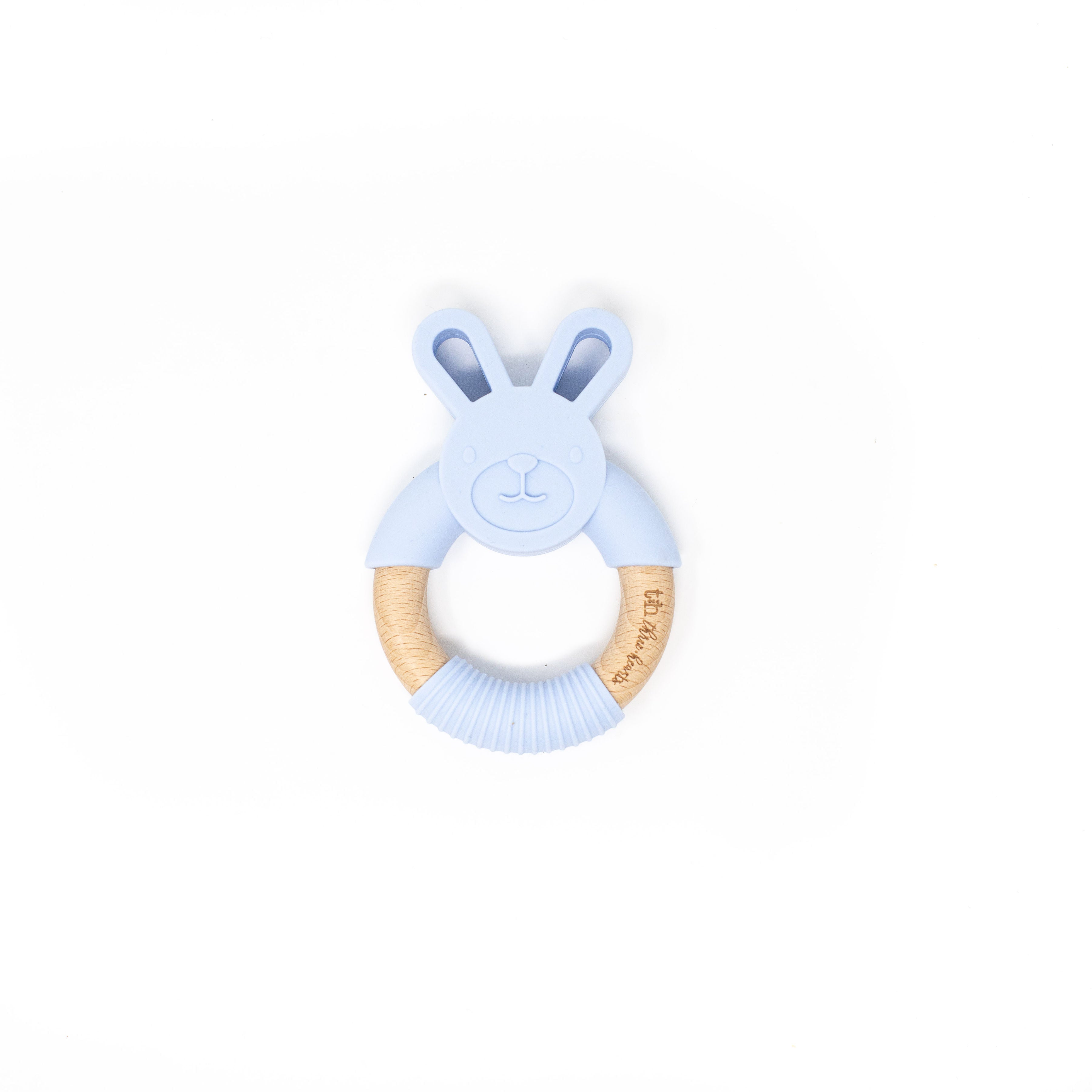 Blue bunny-shaped teething ring on a white background