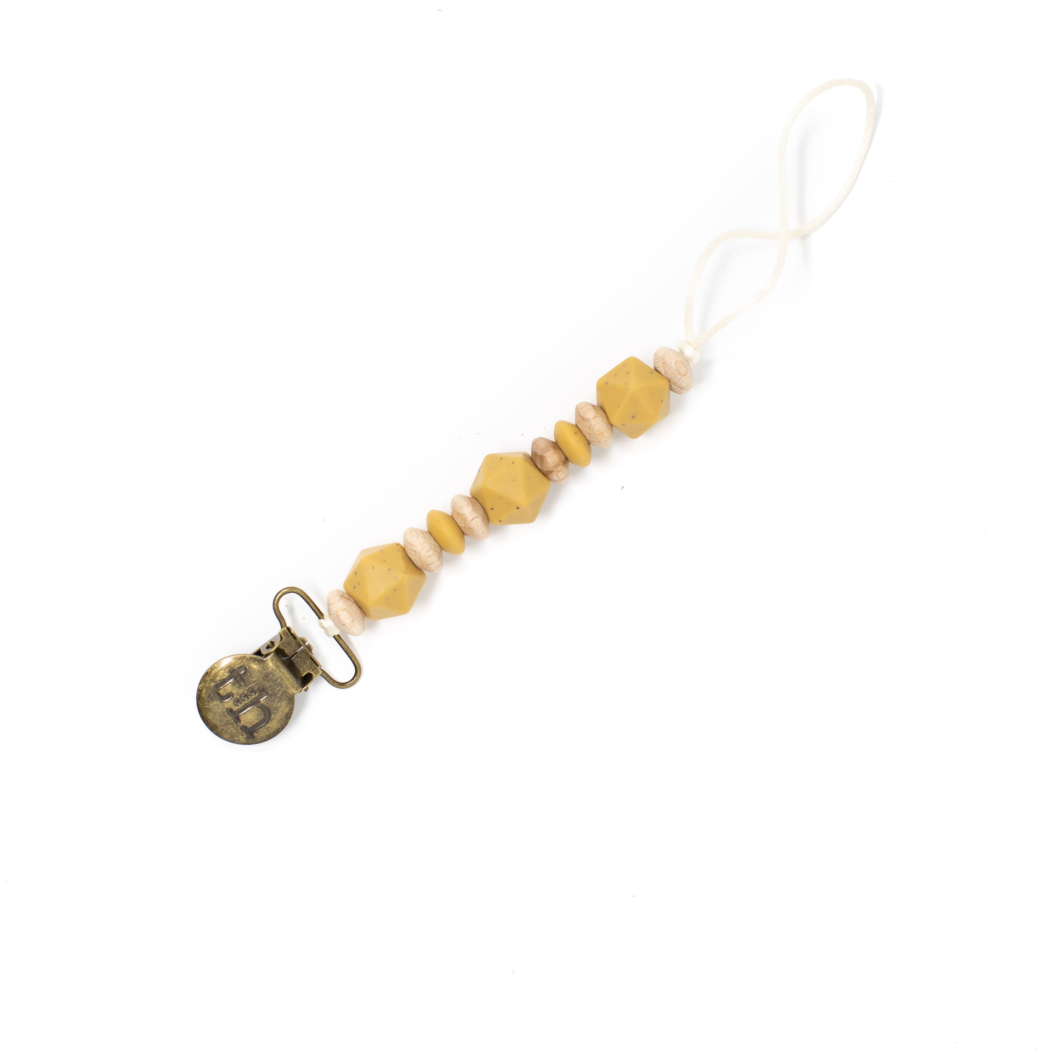 Beaded pacifier clip with a metal clasp on a white background