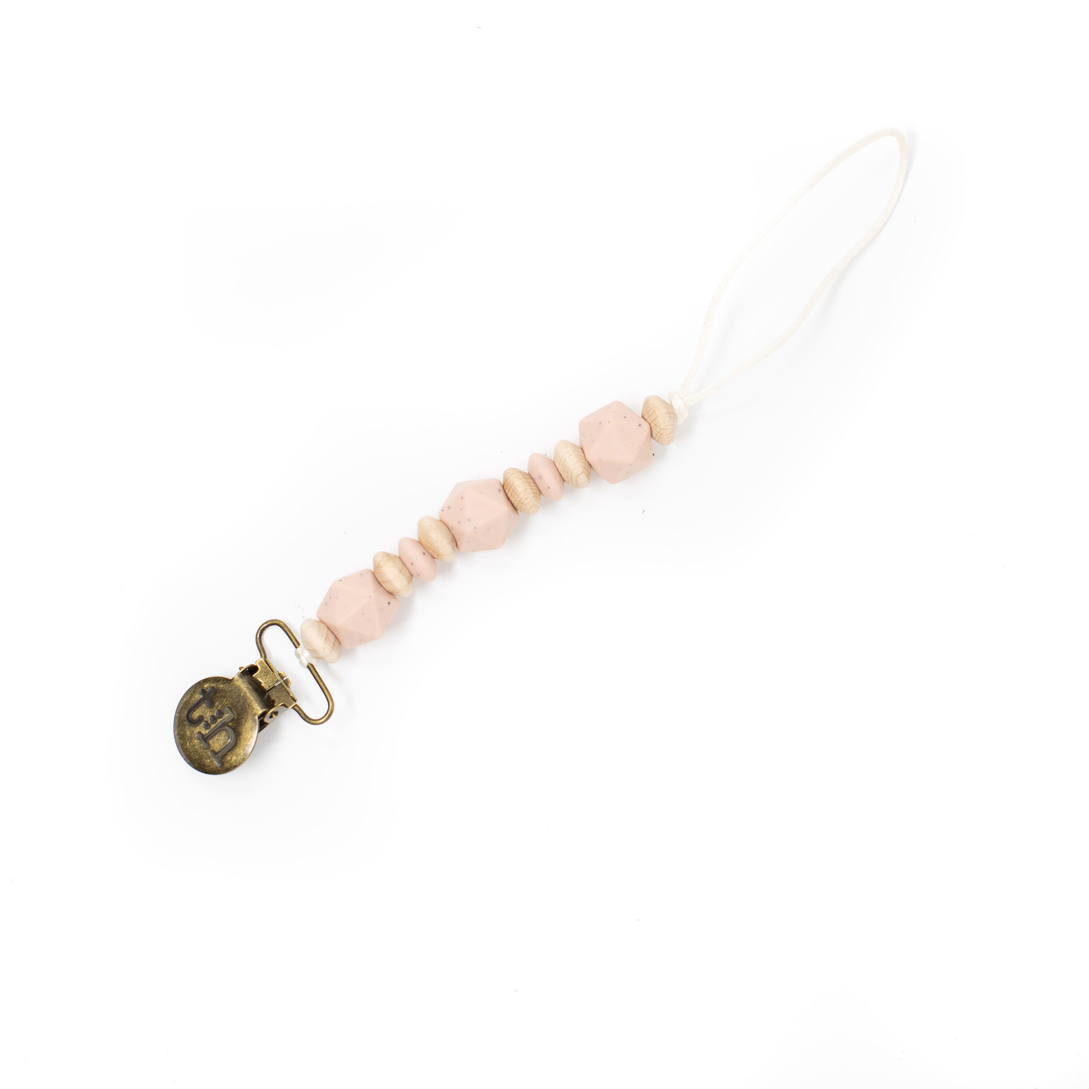 Beaded pacifier clip with gold clasp on a white background