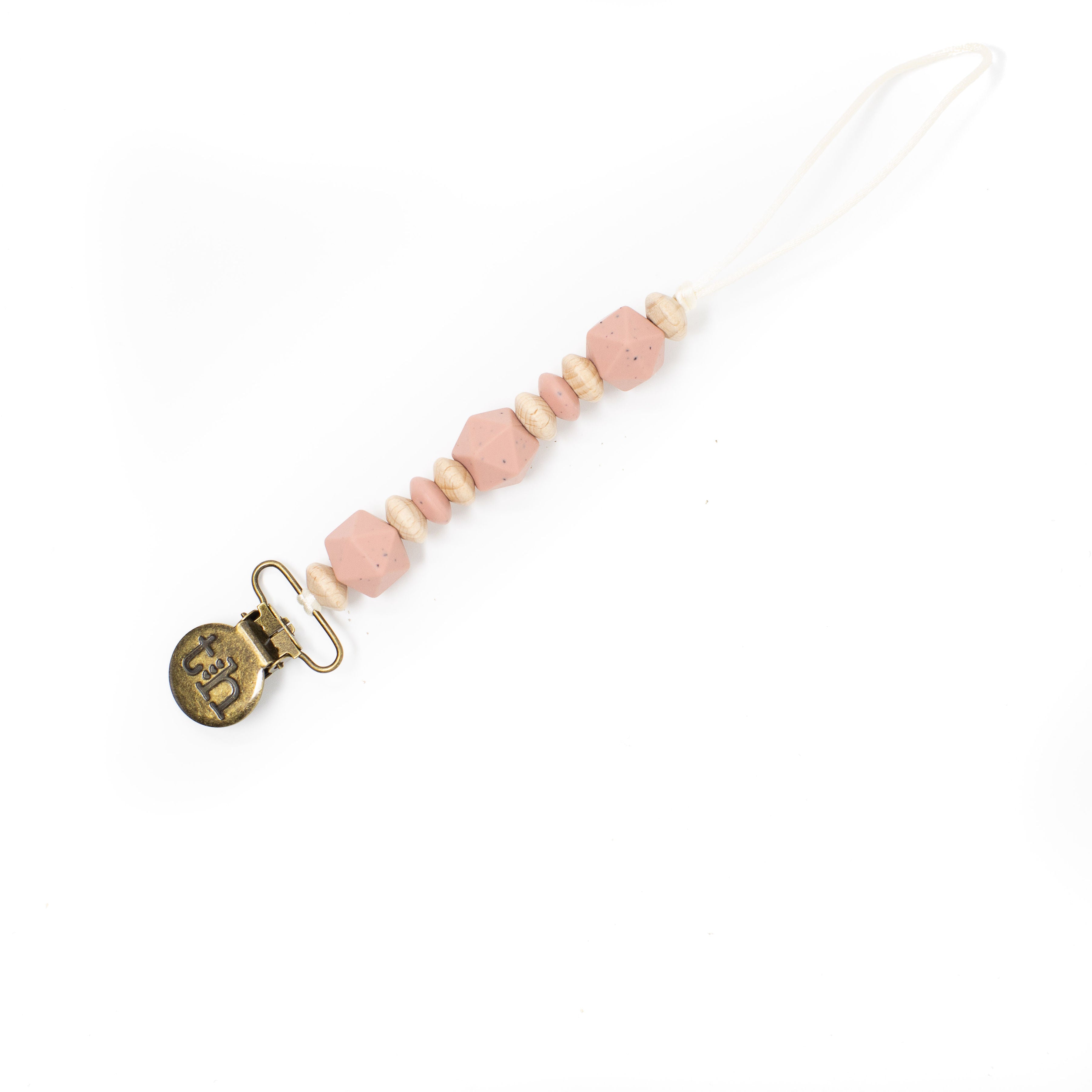 Beaded pacifier clip with pink and beige beads and a gold clasp on a white background
