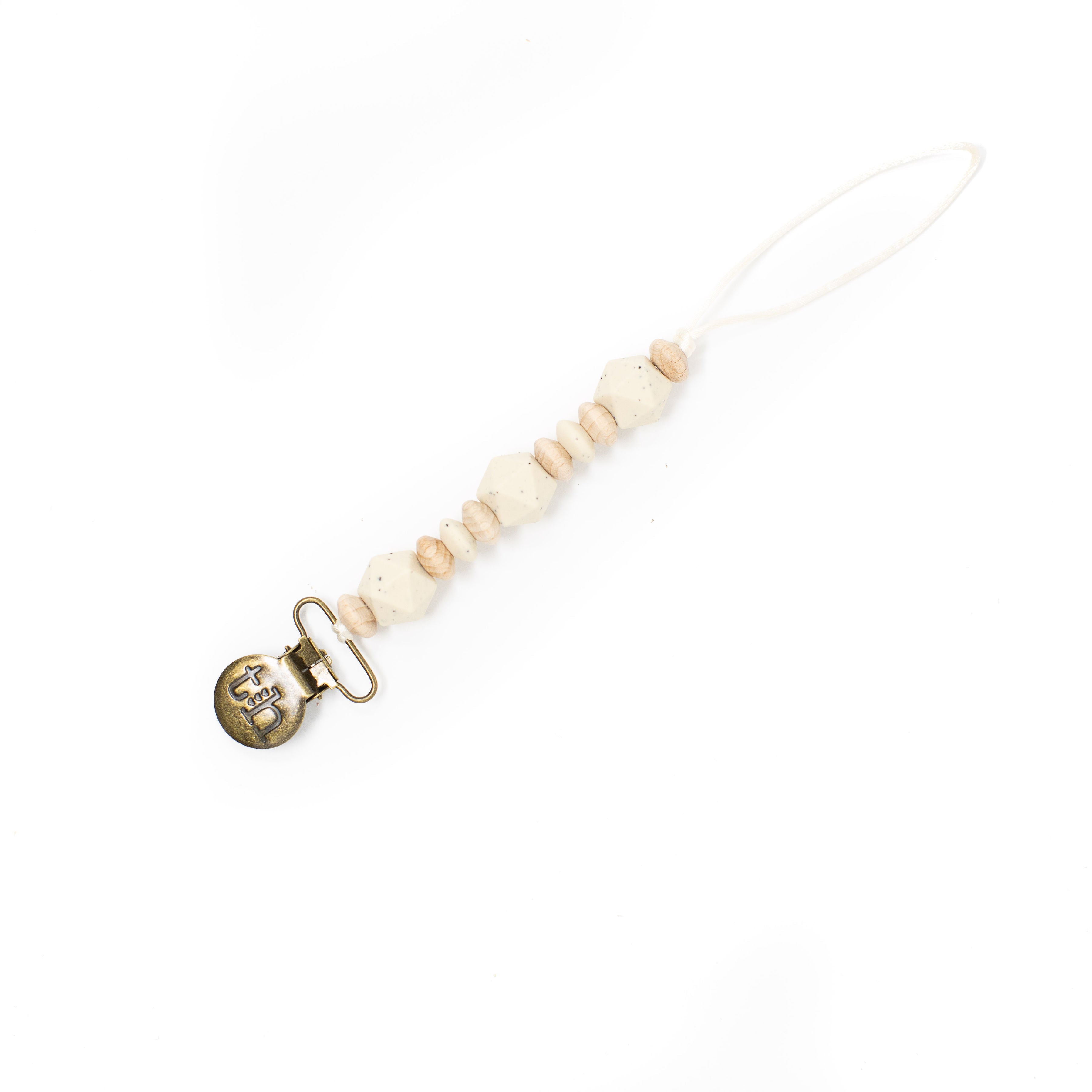 Beverage bottle holder with wooden beads and gold clasp on a white background