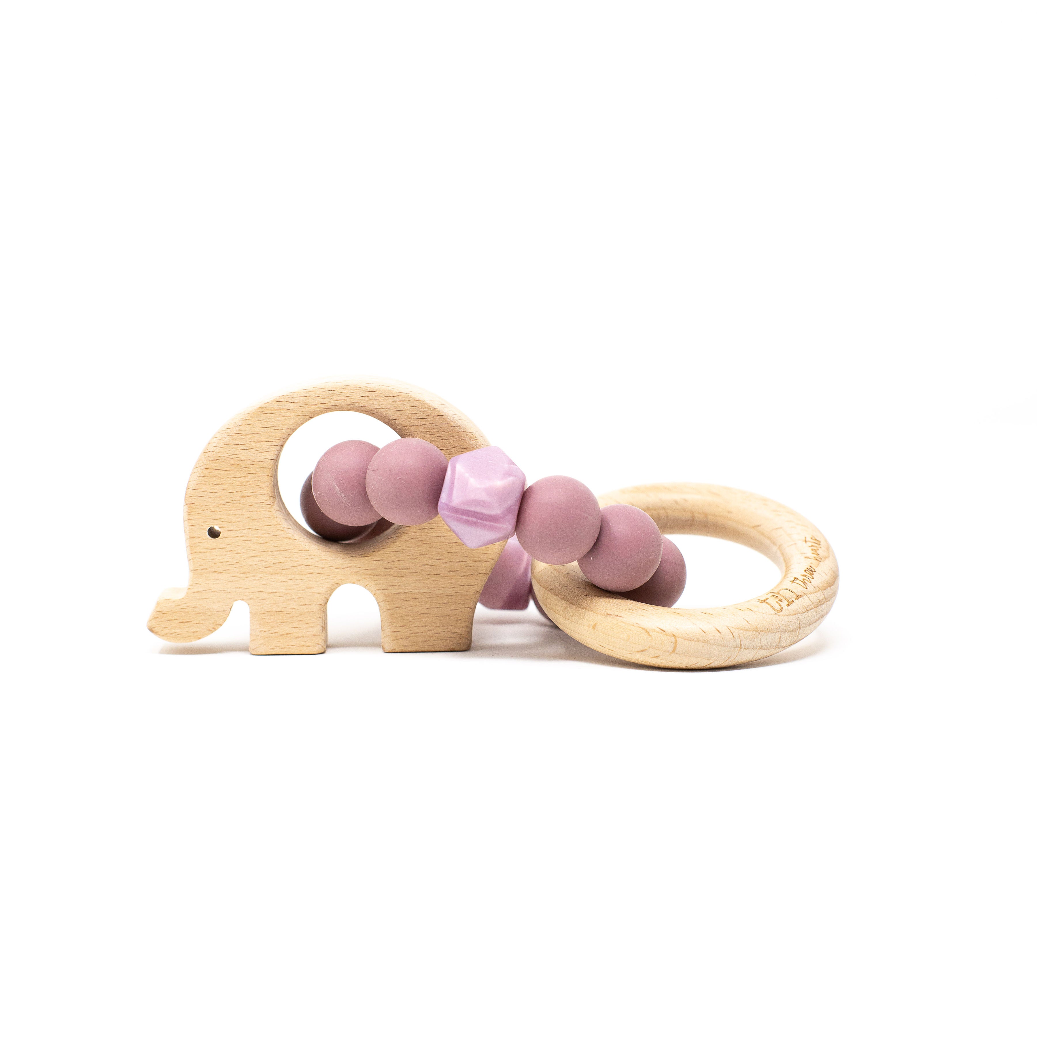 Wooden elephant-shaped teething ring with pink beads on a white background