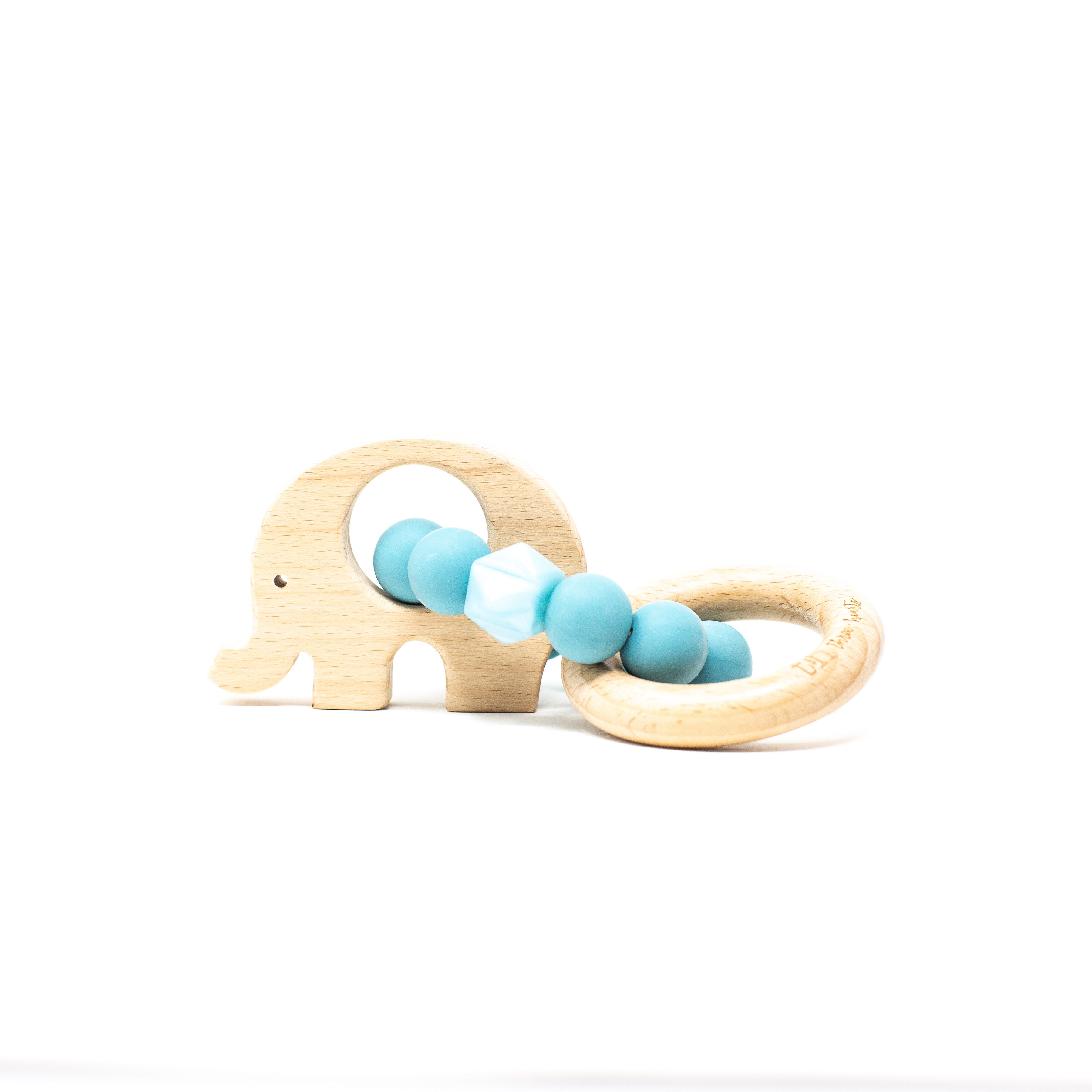 Wooden elephant-shaped teething ring with turquoise beads on a white background