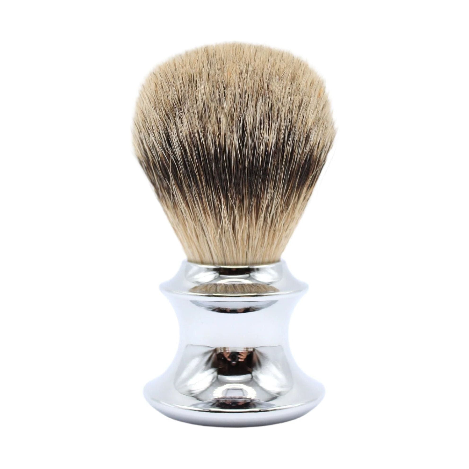 Shaving brush with bristle head and silver metal handle on a white background