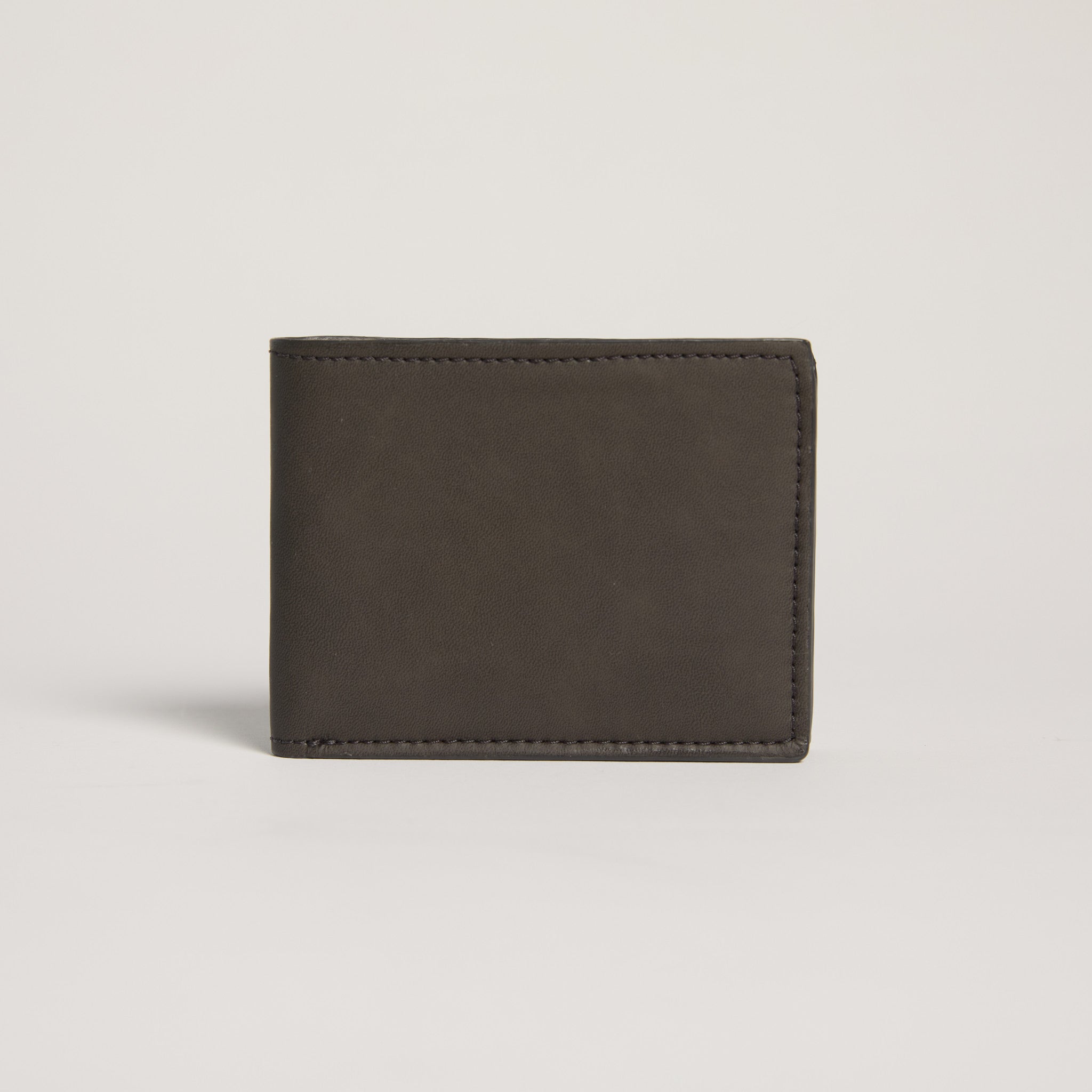 Dark brown leather wallet on a light gray background