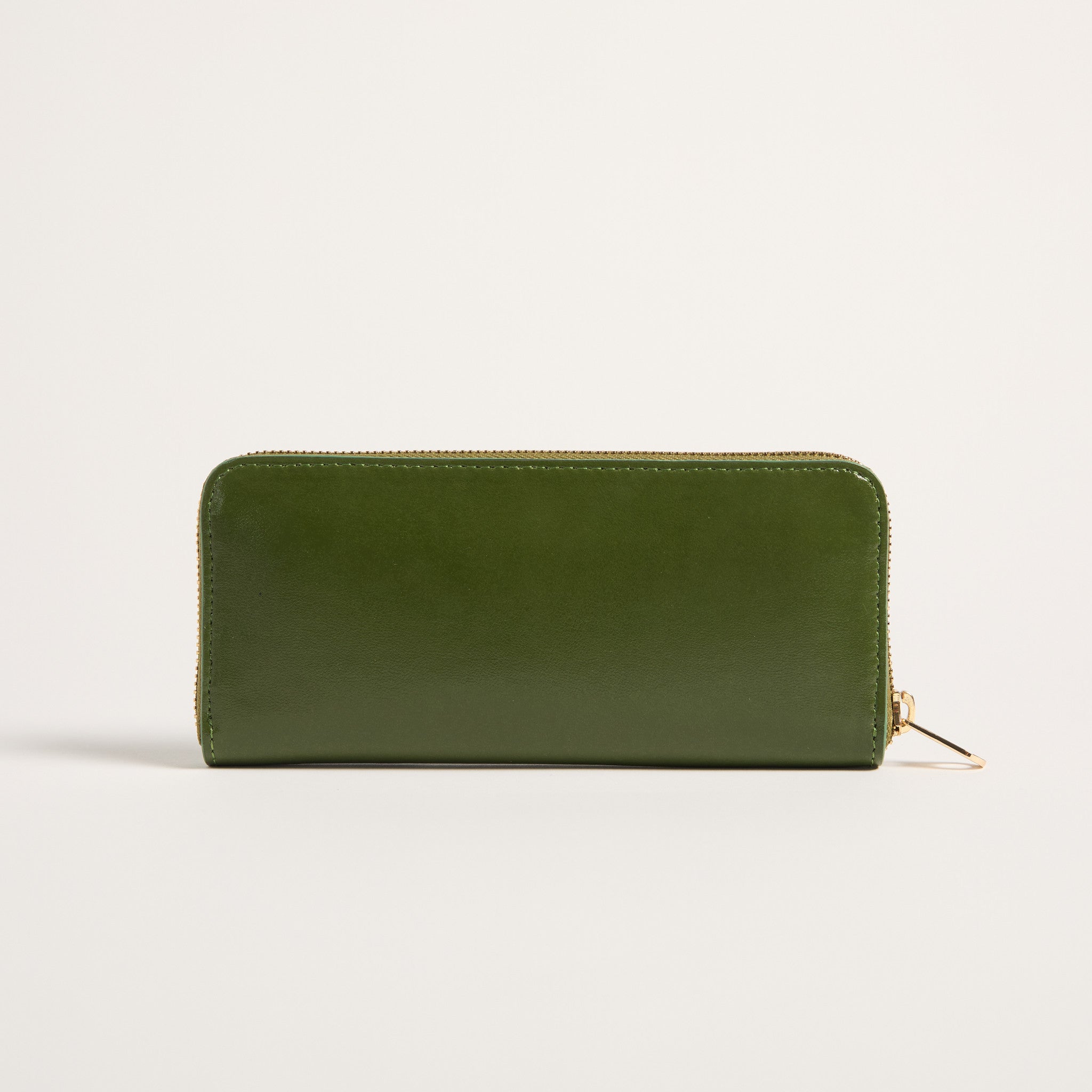 Green wallet with a gold zipper on a light gray background