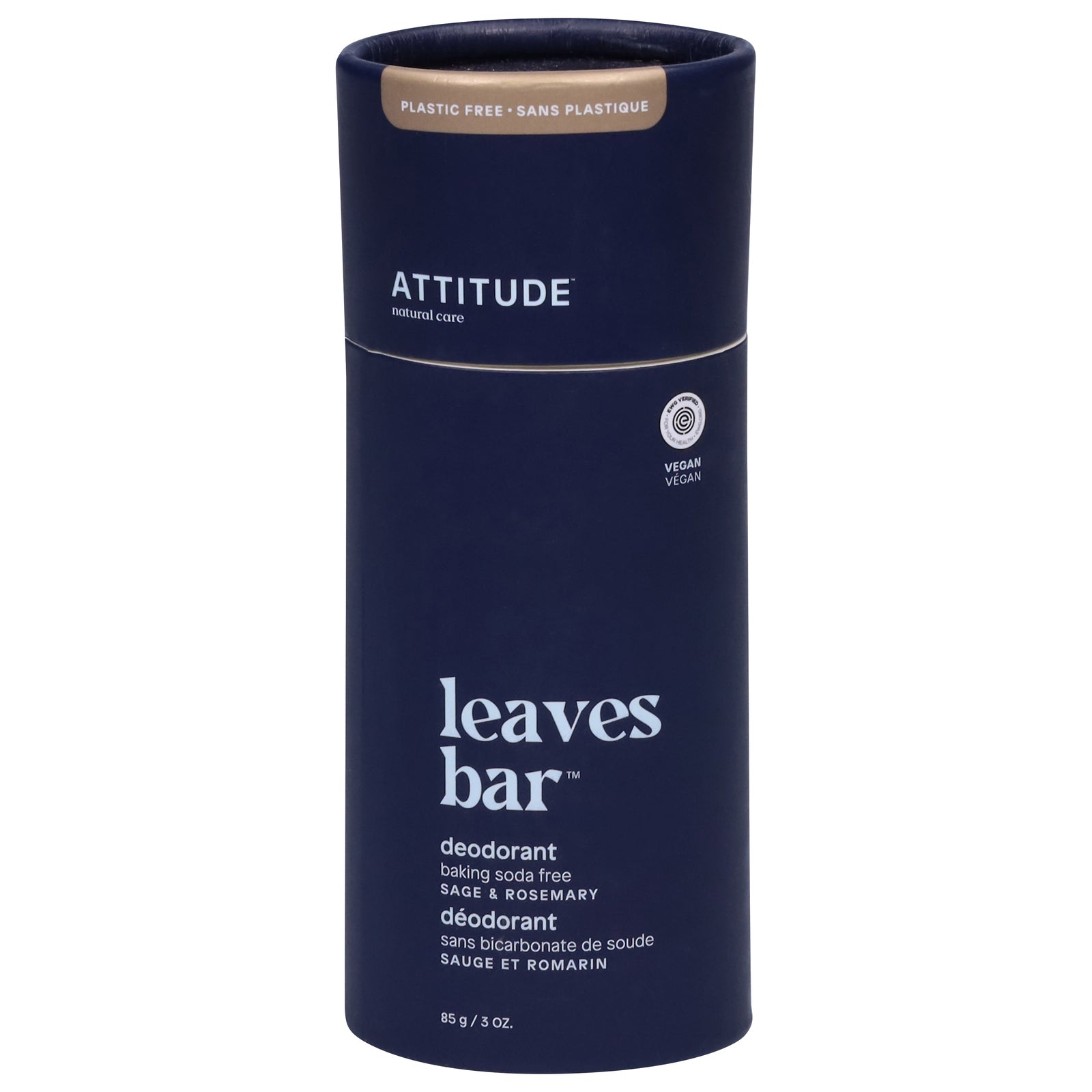 Navy blue cylindrical container of Attitude leaves bar deodorant on a white background
