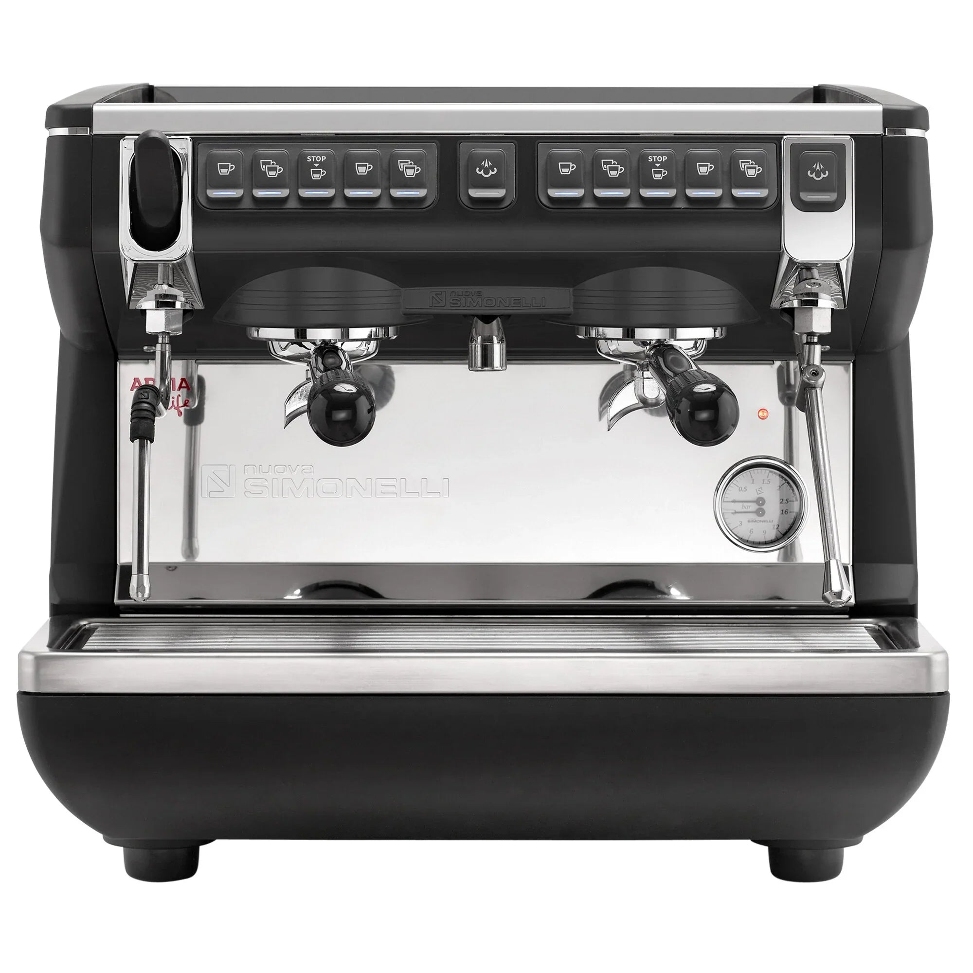 Black and silver espresso machine with Breville logo on a white background