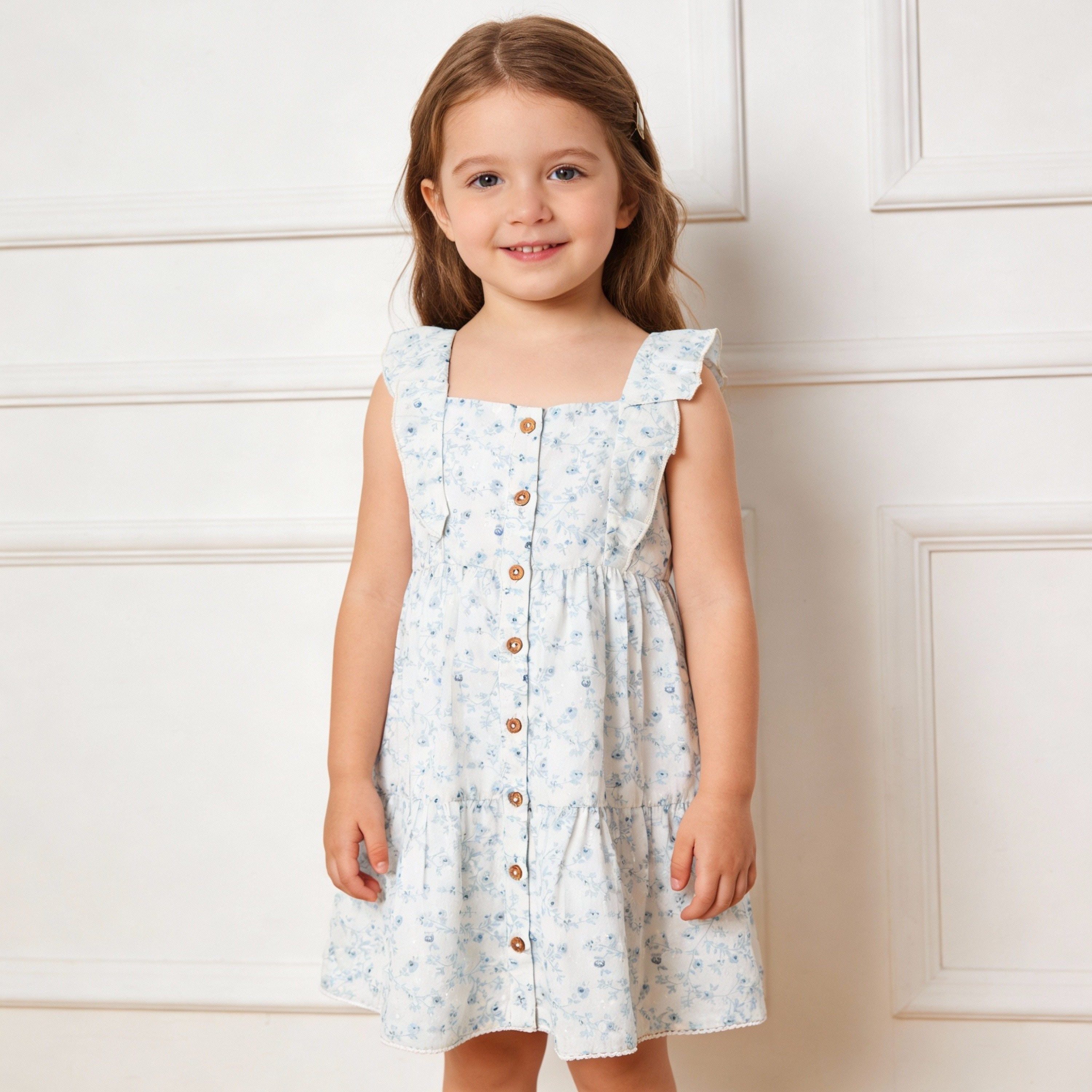 Makemake Organics - Organic Flutter Buttoned Tiered Dress - Ivy Floral