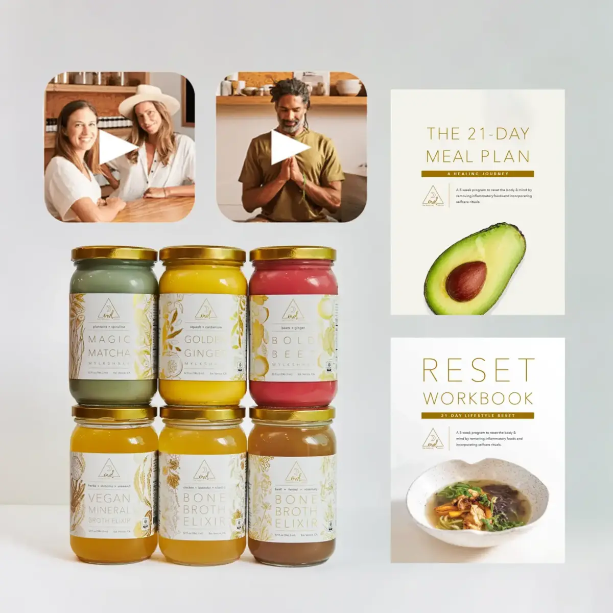 Collection of jars, a reset workbook, and an avocado on a light gray background