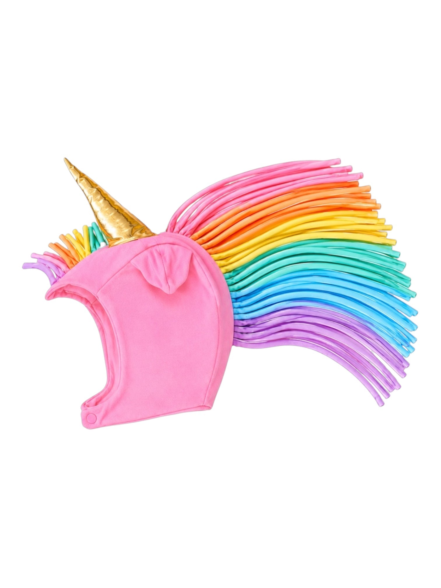 Pink unicorn headband with rainbow hair extensions on a white background