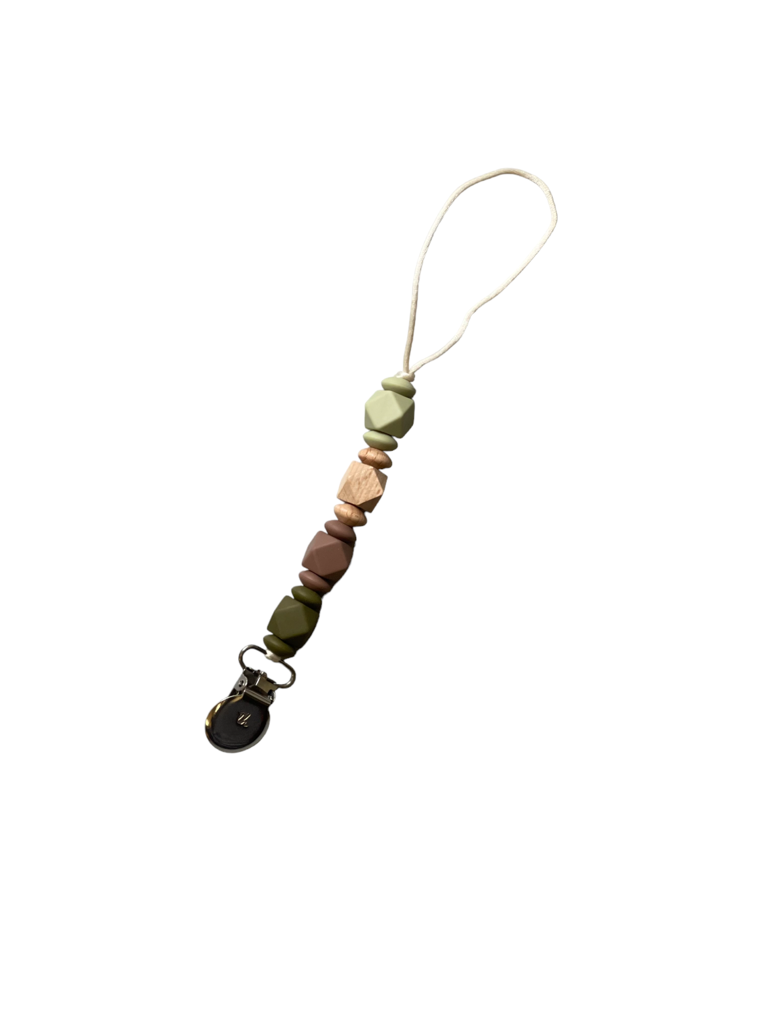 Pacifier clip with multicolored stones on a white background