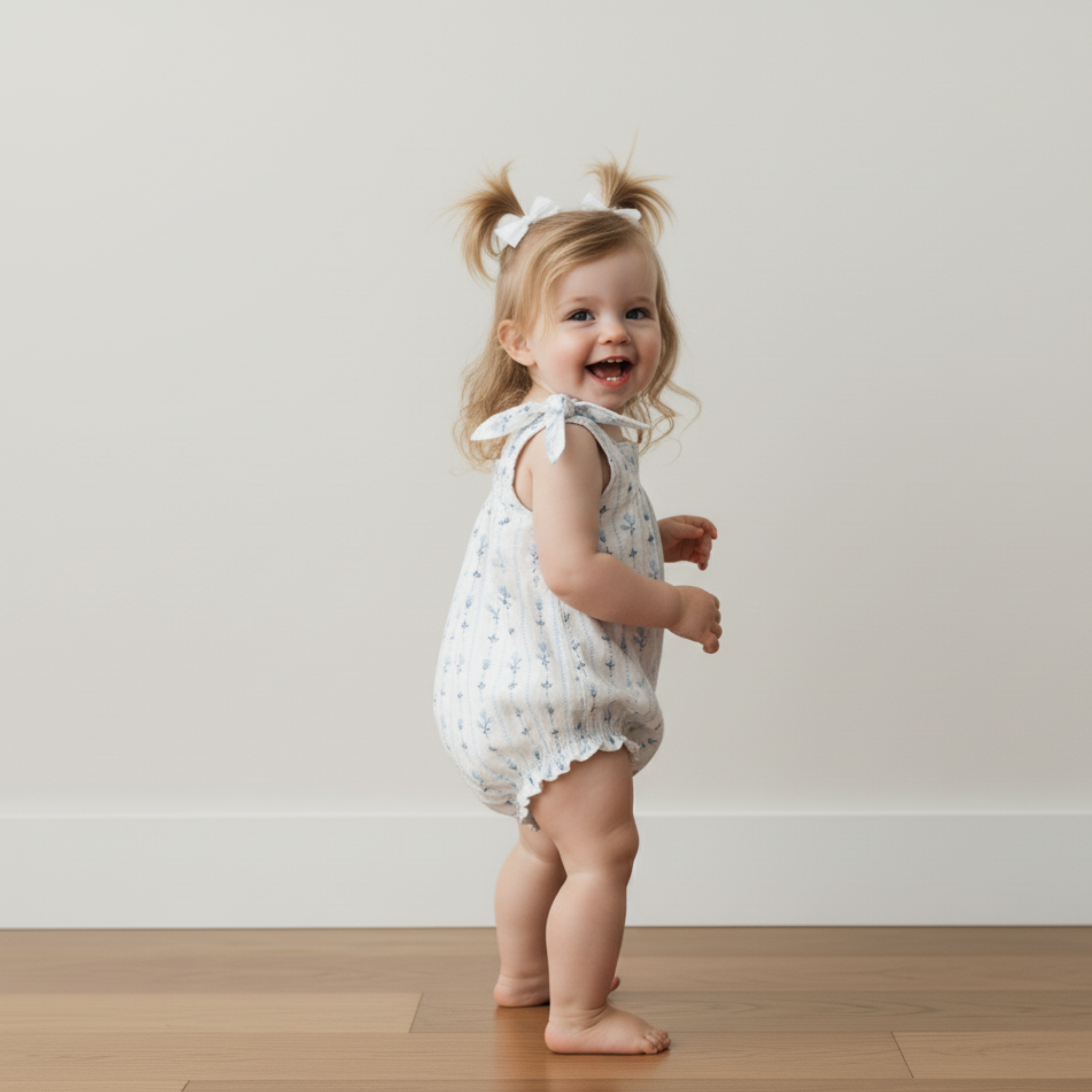 Makemake Organics - Organic Tie Shoulder Bubble Romper - Blue Vines