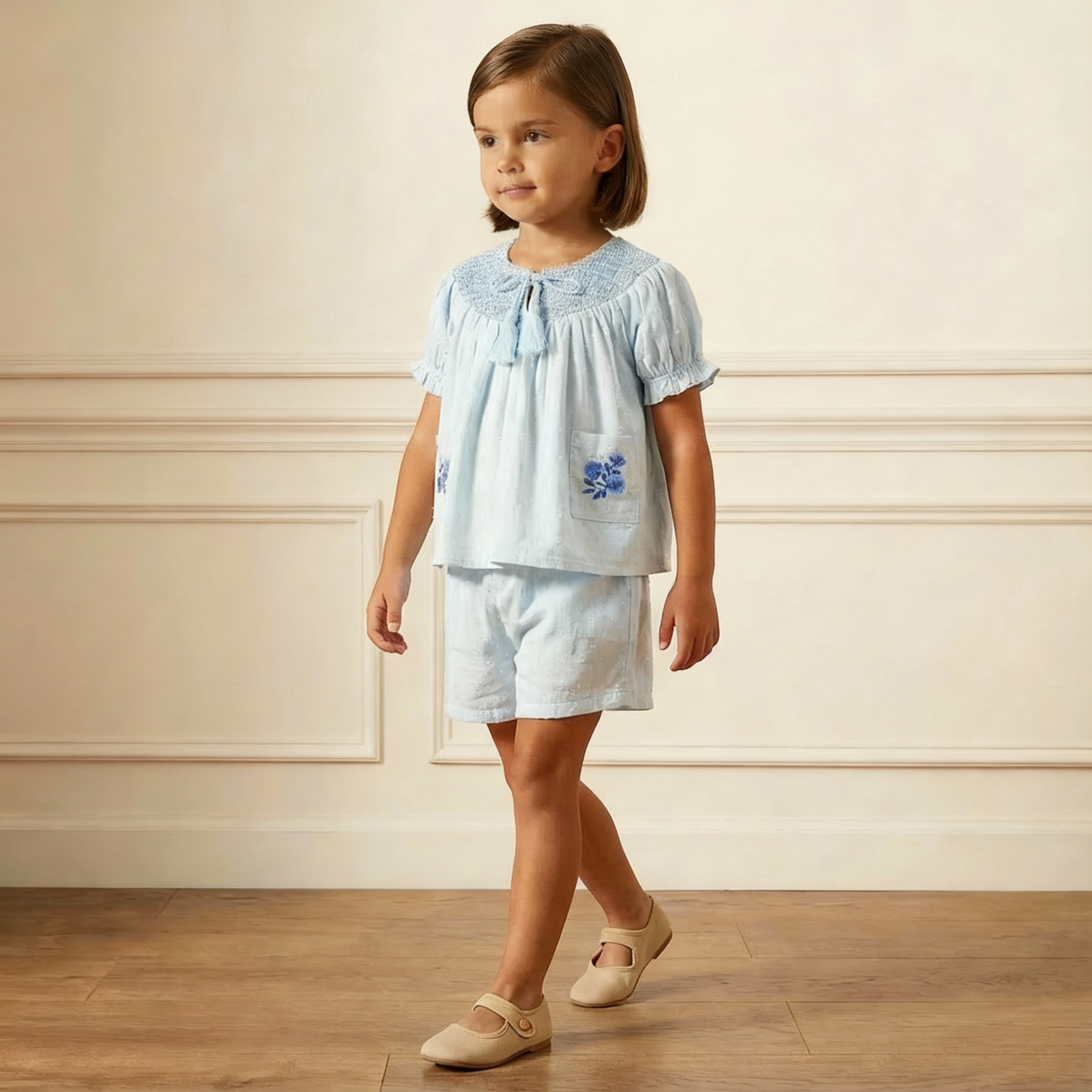 Makemake Organics - Organic Smocked Top & Shorts Set - Light Blue