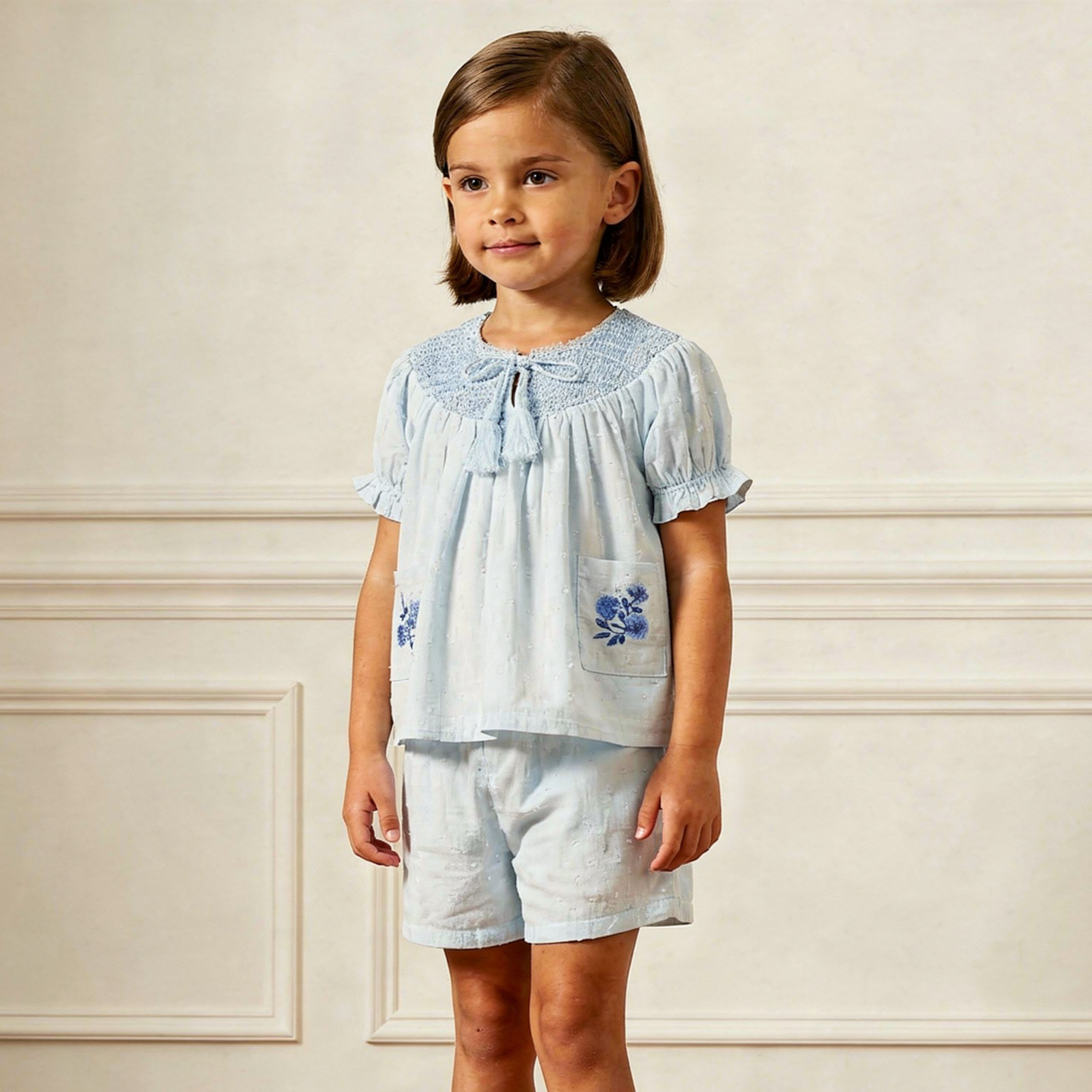 Makemake Organics - Organic Smocked Top & Shorts Set - Light Blue