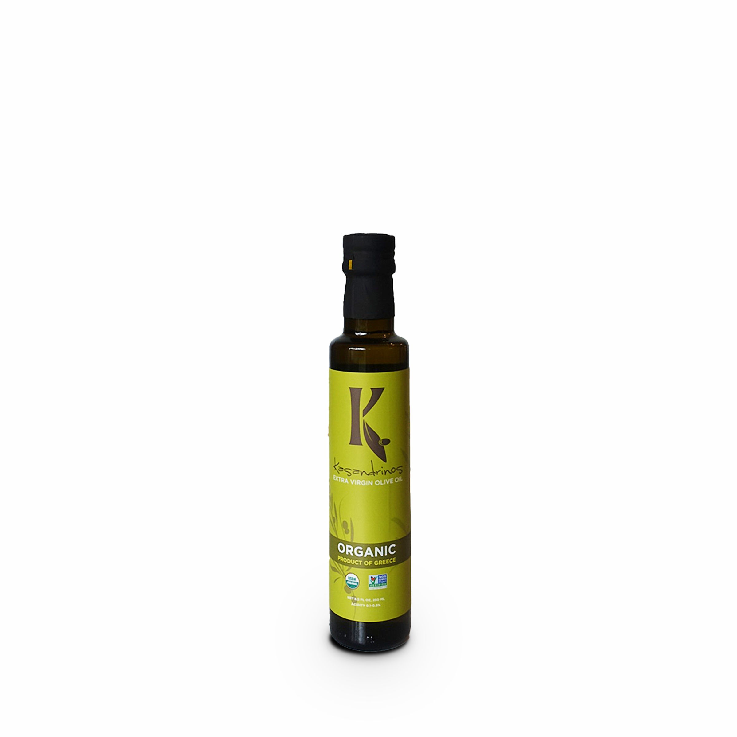 Bottle of organic olive oil with a green label on a white background