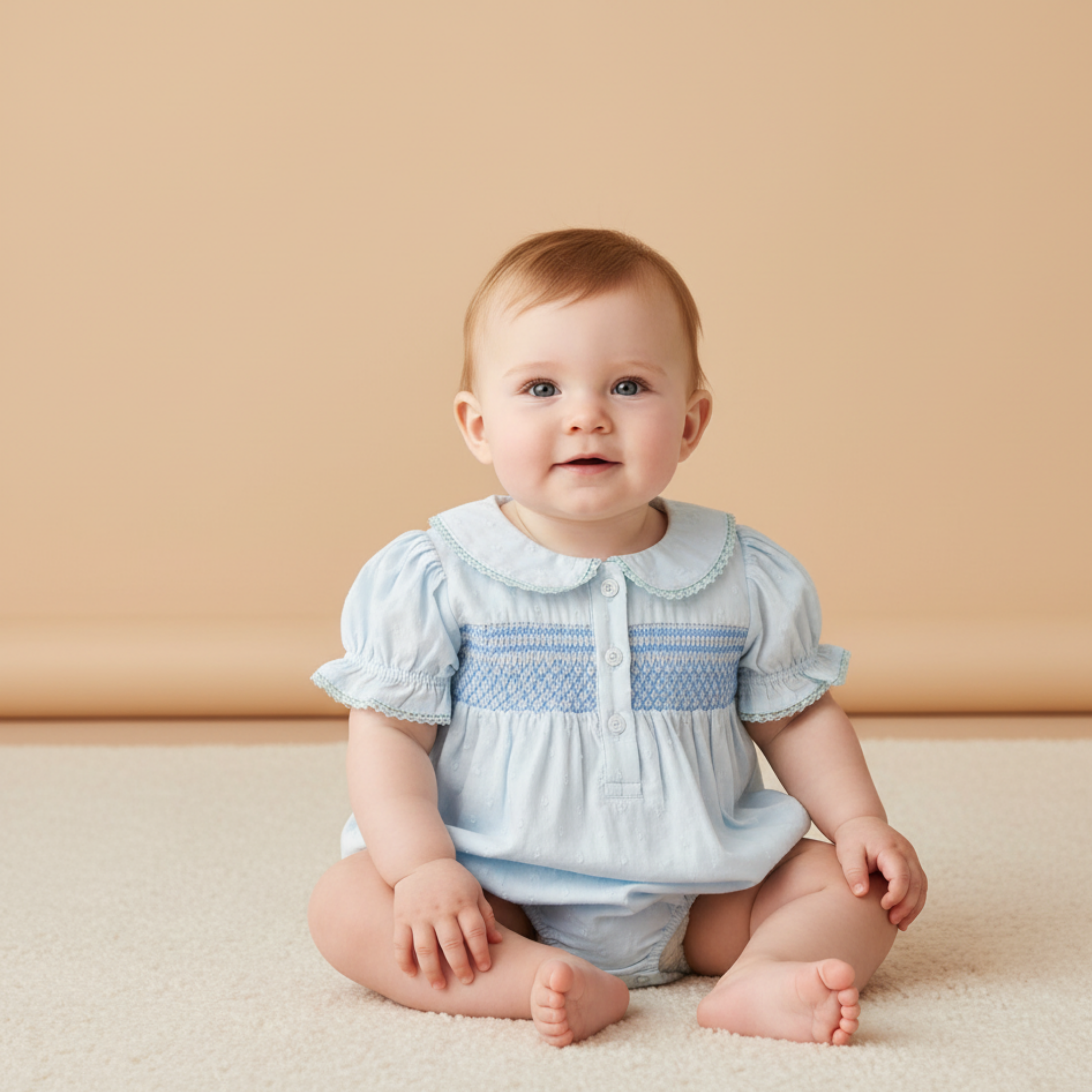 Makemake Organics - Organic Smocked Button Romper - Light Blue