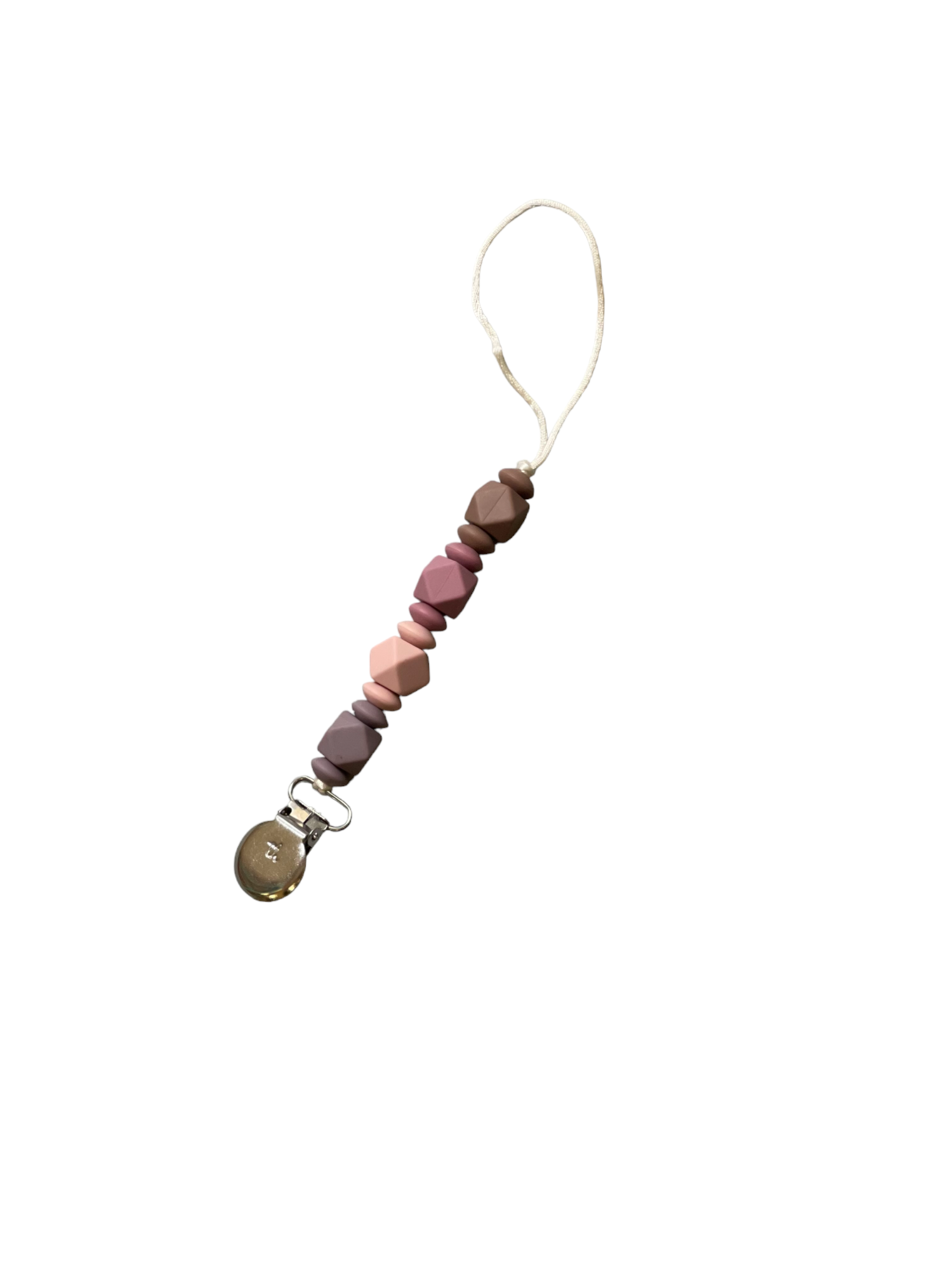 Pacifier clip with multicolored beads on a white background
