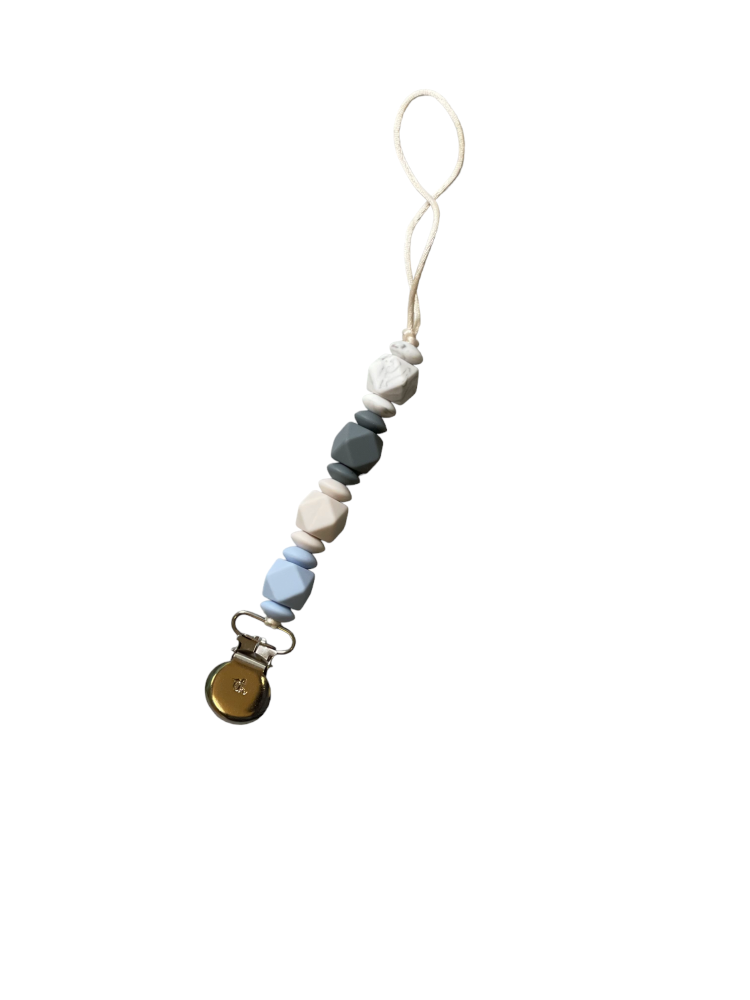 Pacifier clip with colorful beads on a white background