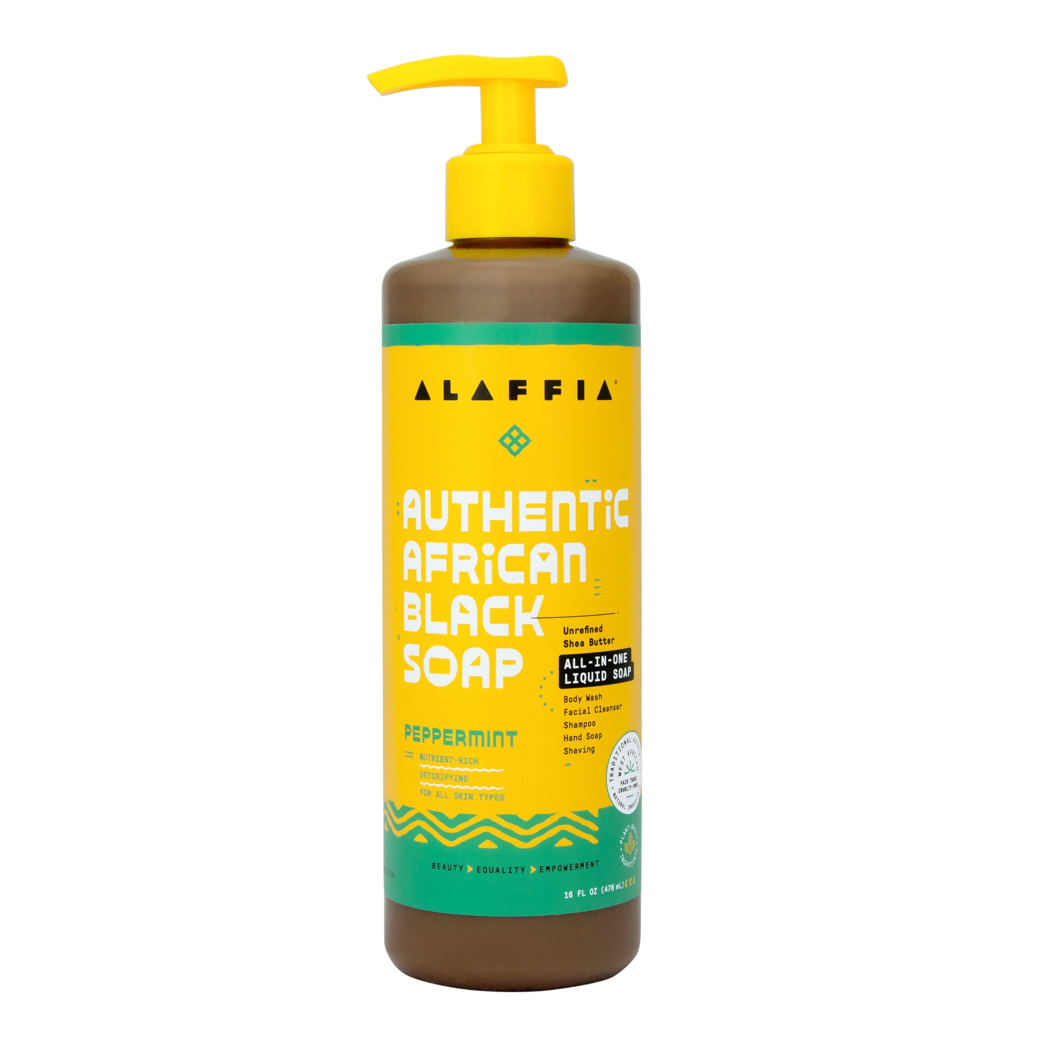 Alaffia Authentic African Black Soap bottle with yellow pump on a white background