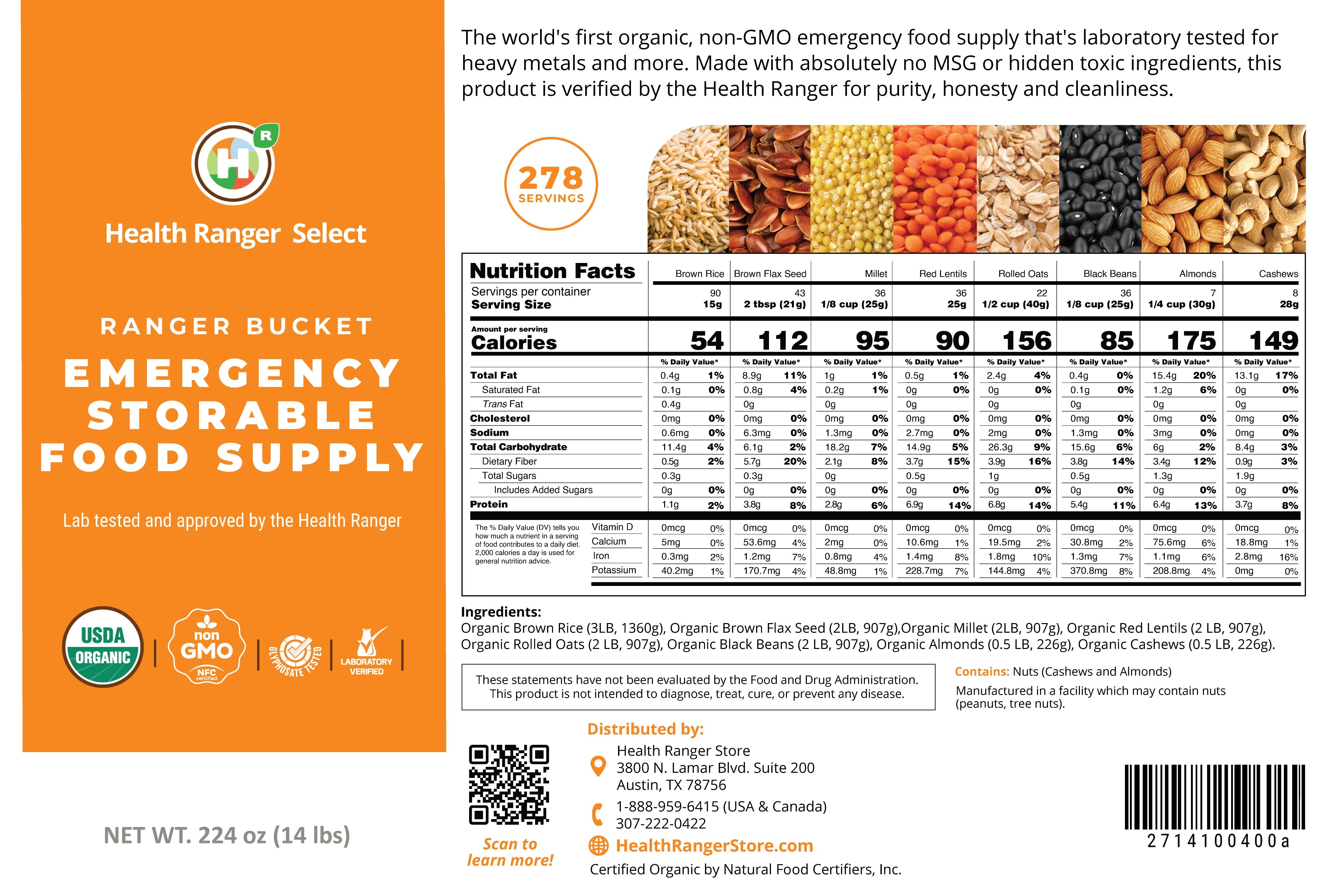 Health Ranger Store 23 Days Food Supply (1 Adult) - (536 Servings) Ranger Bucket Set - Organic Emergency Storable Food Supply (A26 + B19)