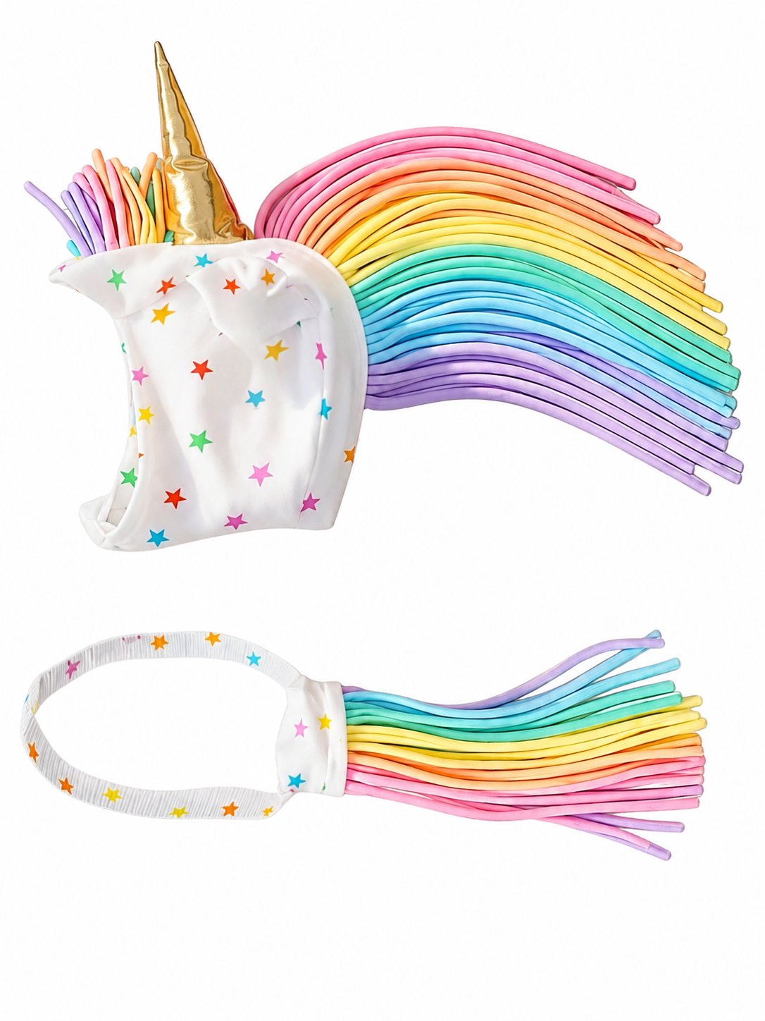 Unicorn headband with rainbow hair ties on a white background