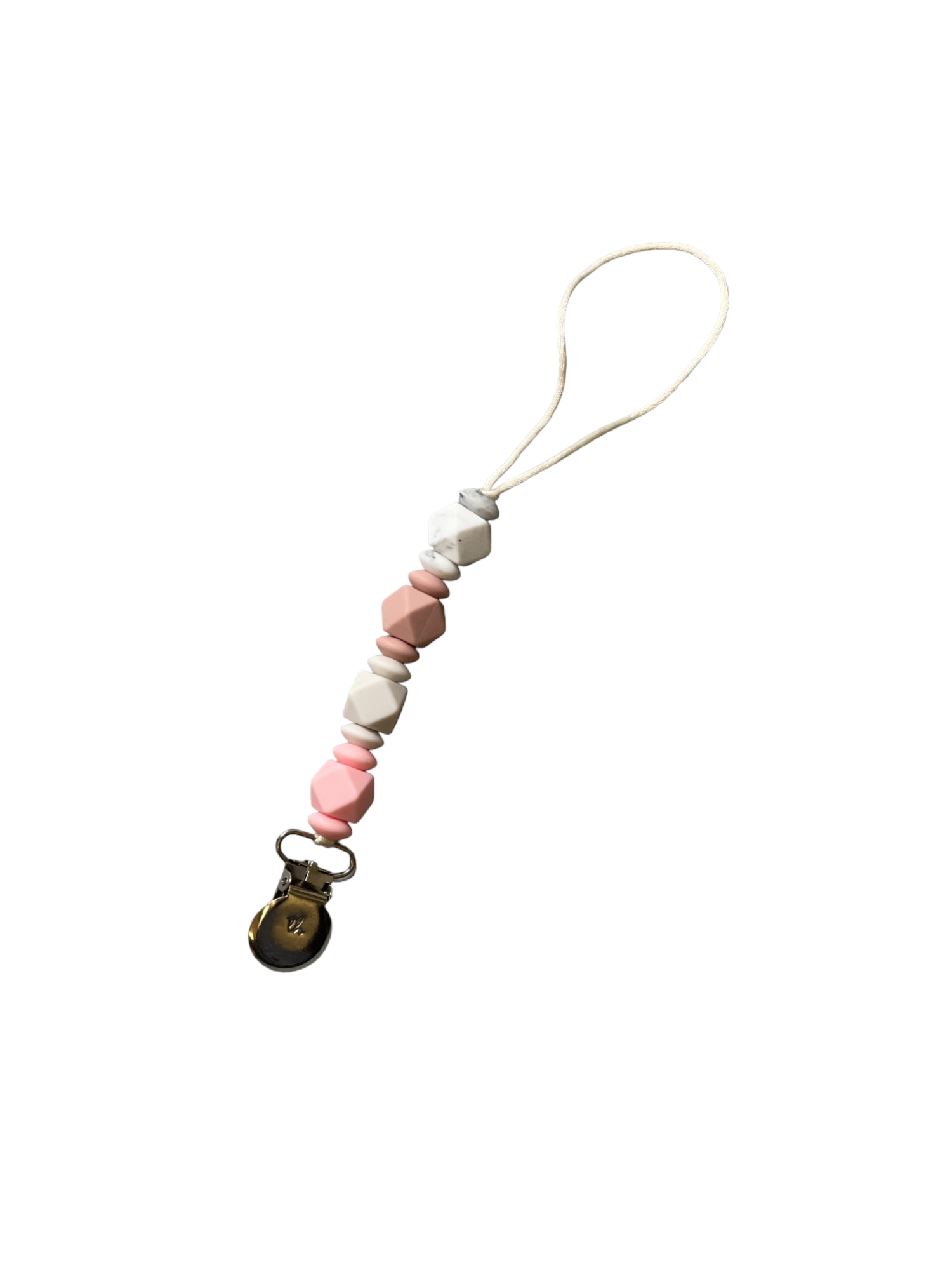 Phone charm with pink and white beads on a white background