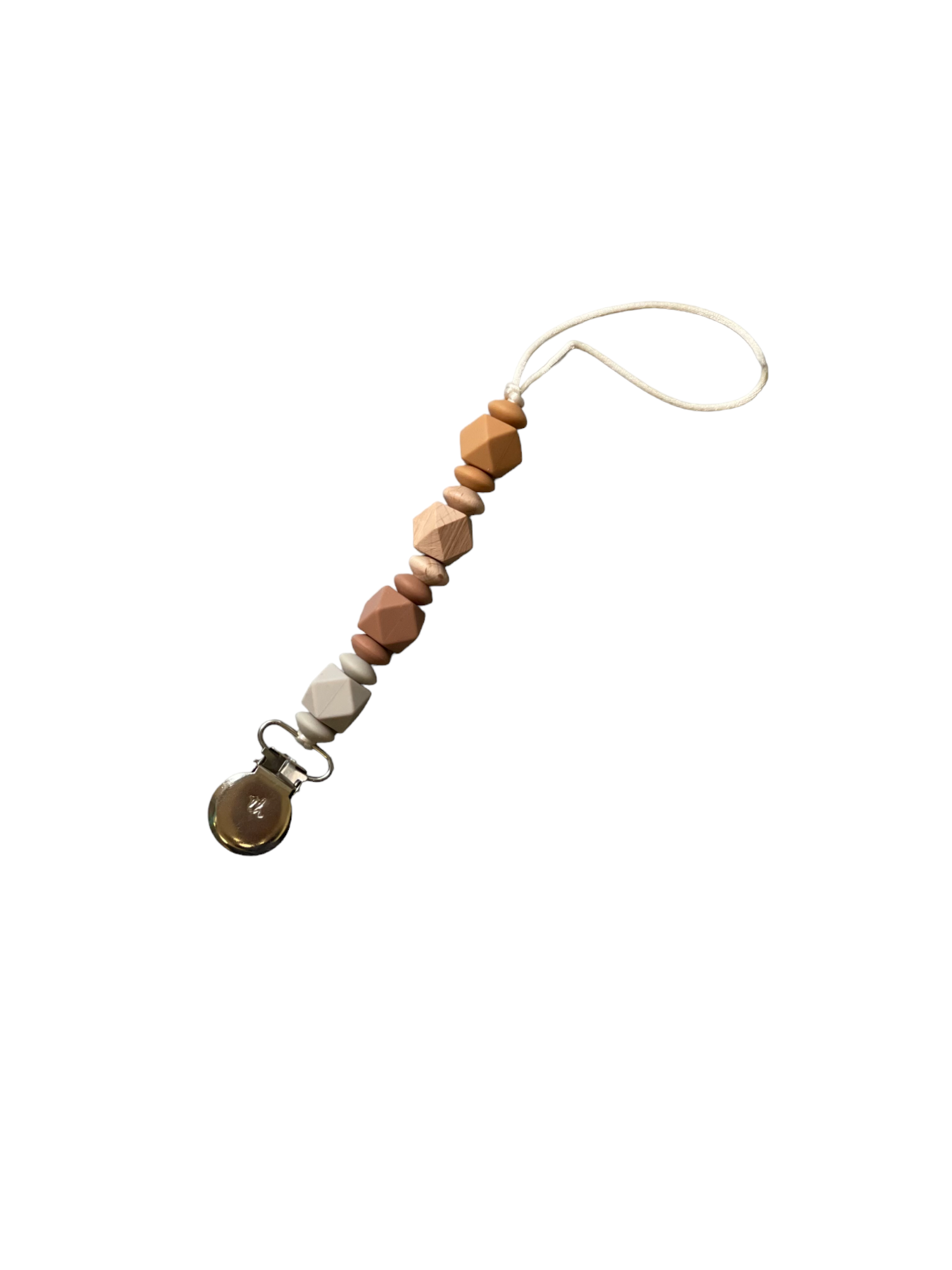 Beaded pacifier clip with natural-colored beads on a white background