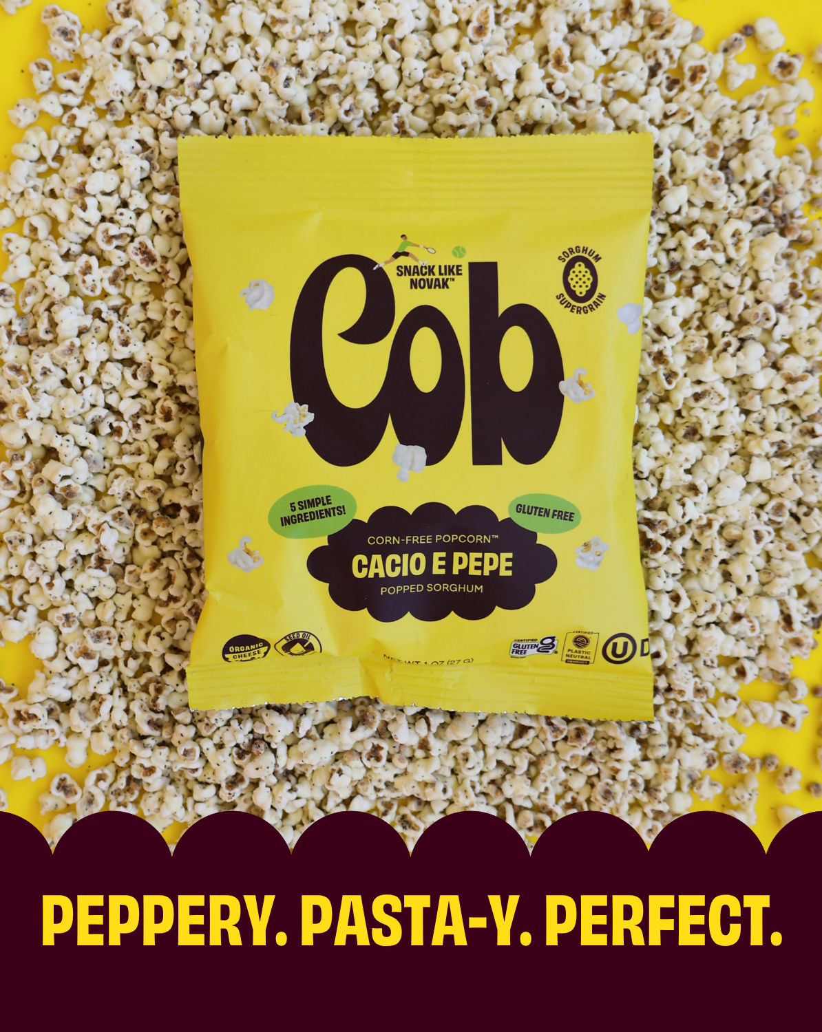 Yellow 'Cob' popcorn packet on a bed of popcorn with promotional text.