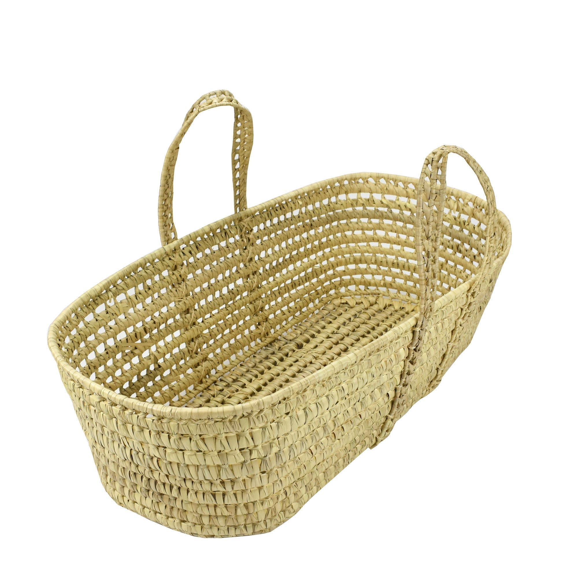 Woven basket with handles on a white background