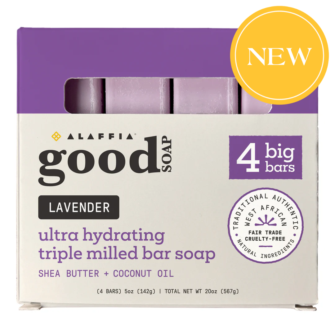 Box of Alaffia lavender soap bars with a purple and yellow design.