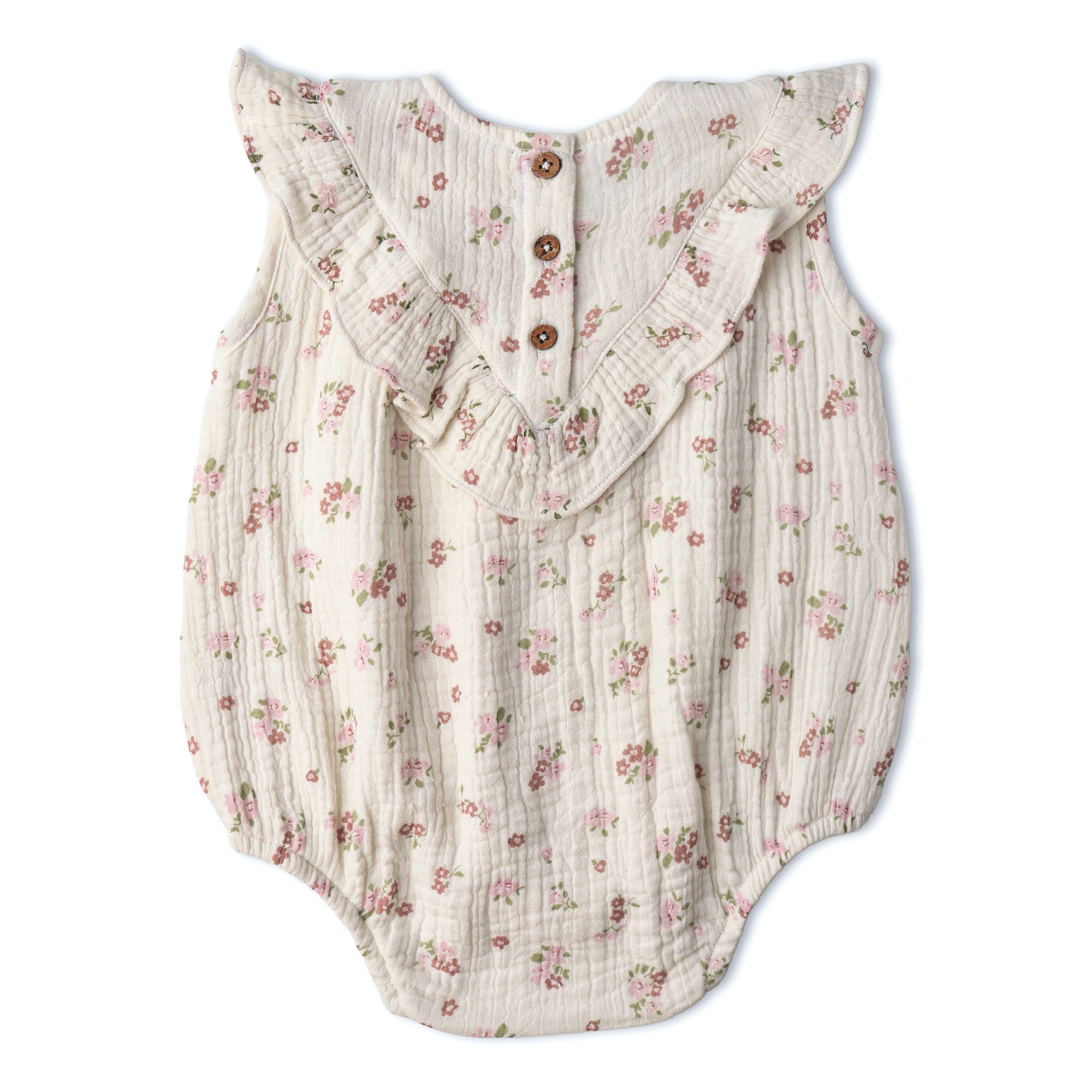Makemake Organics - Organic Sleeveless Ruffle Bubble Romper - Blush Floral