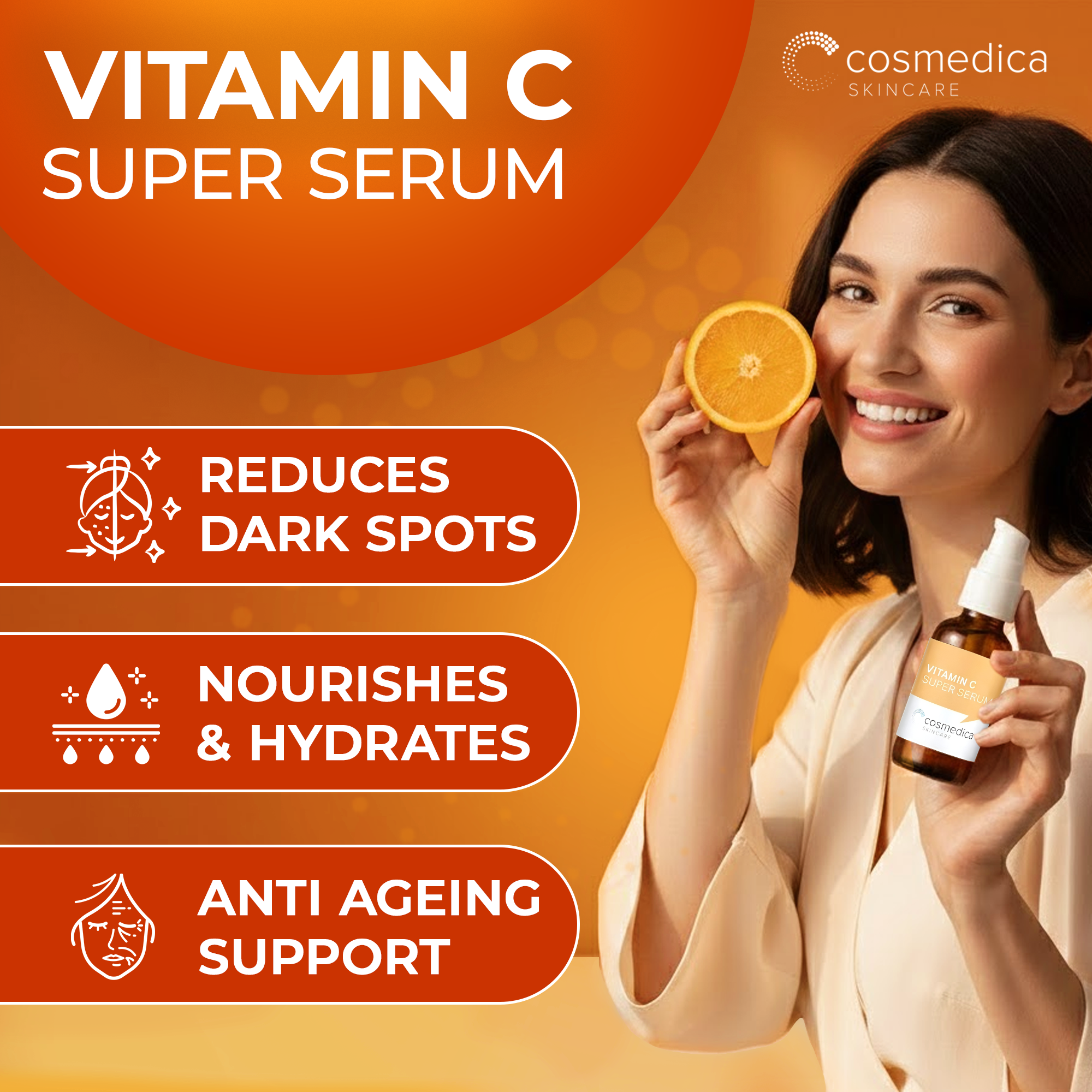 Cosmedica Skincare Vitamin C Serum for Face with Hyaluronic Acid – Anti Aging Serum for Dark Spots, Fine Lines, Wrinkles – Hydrating Collagen Booster for Women & Men
