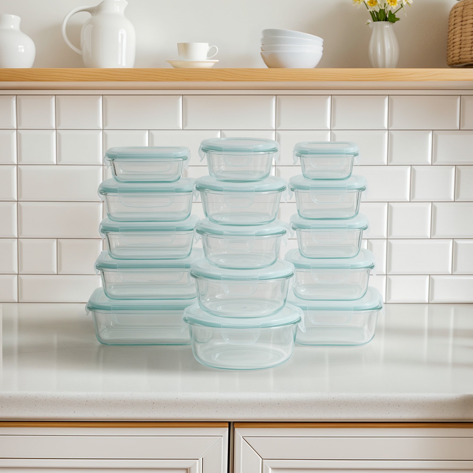 Stack of glass food containers with blue lids on a kitchen counter.