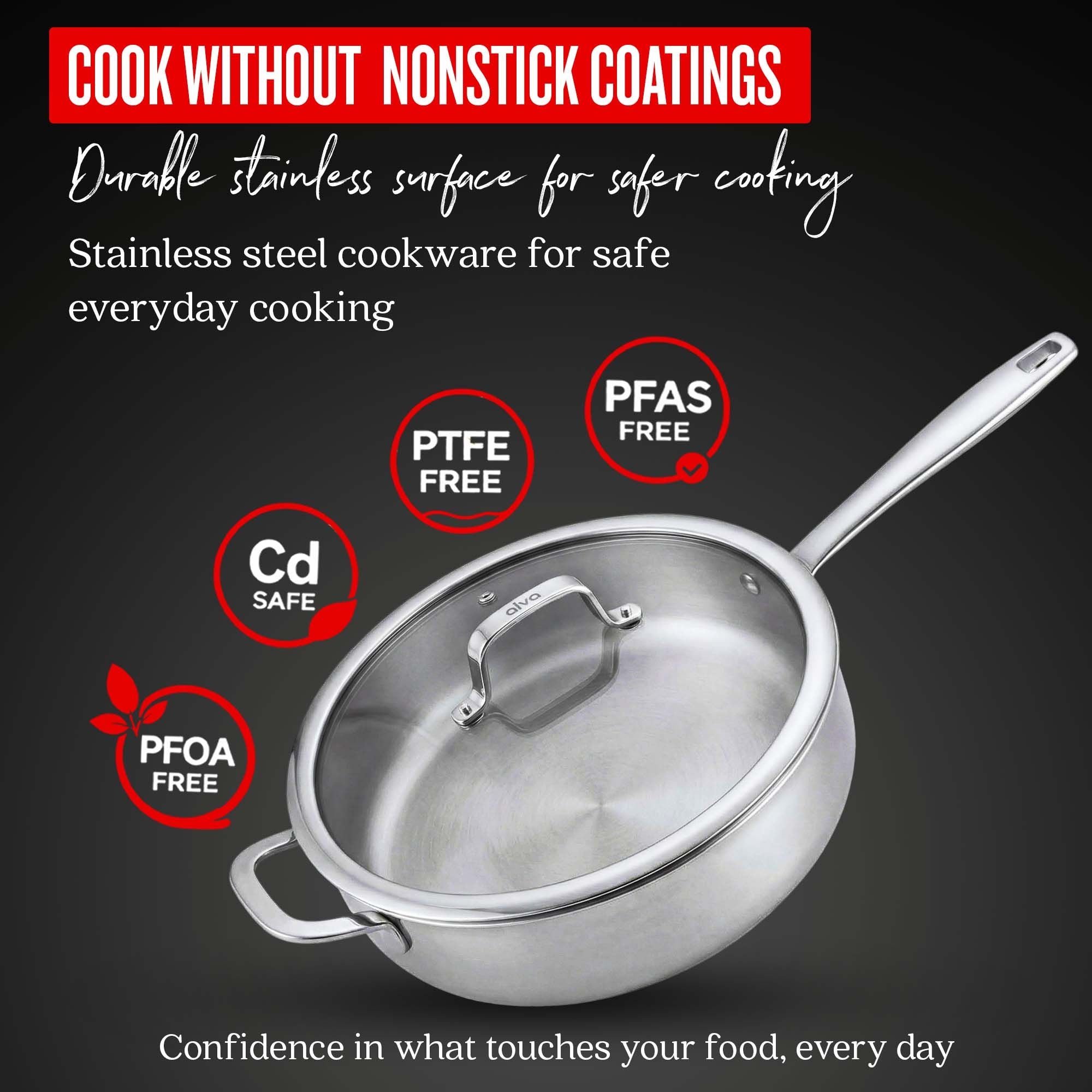 Alva Cookware 5-Ply Stainless Steel Sauté Pan with Lid, 4-Qt